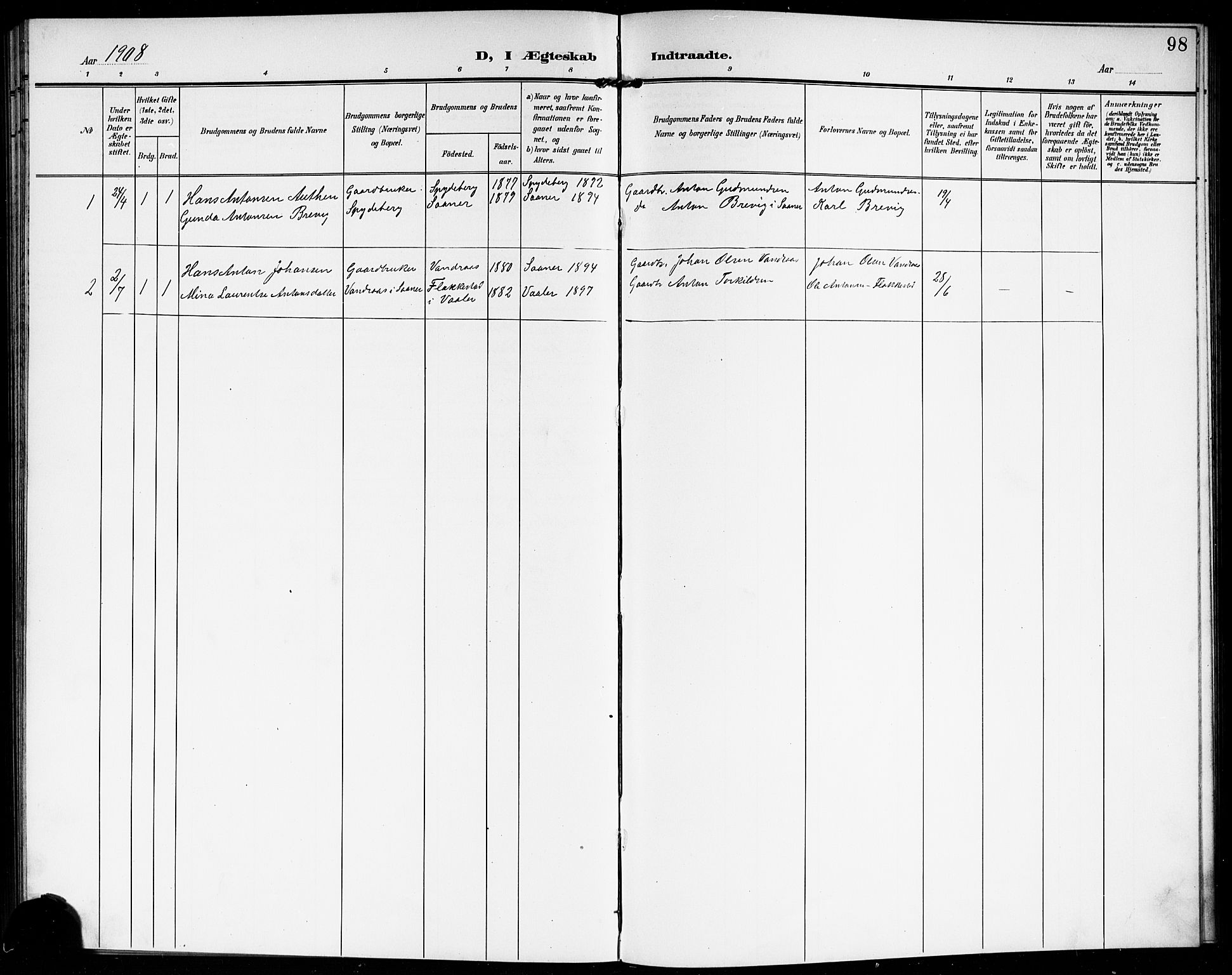Vestby prestekontor Kirkebøker, AV/SAO-A-10893/G/Gb/L0002: Klokkerbok nr. II 2, 1903-1914, s. 98