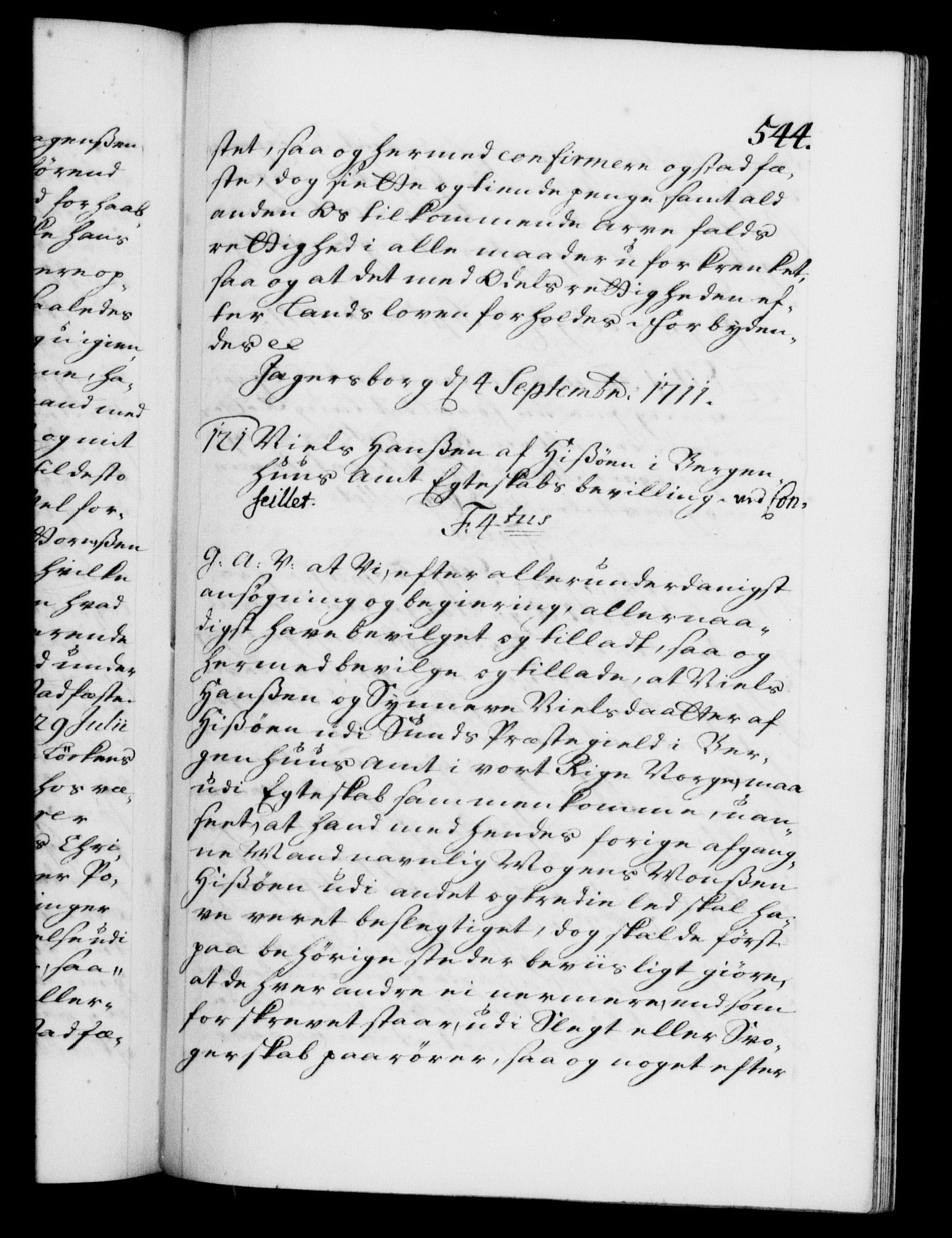 Danske Kanselli 1572-1799, AV/RA-EA-3023/F/Fc/Fca/Fcaa/L0020: Norske registre, 1708-1711, s. 544a