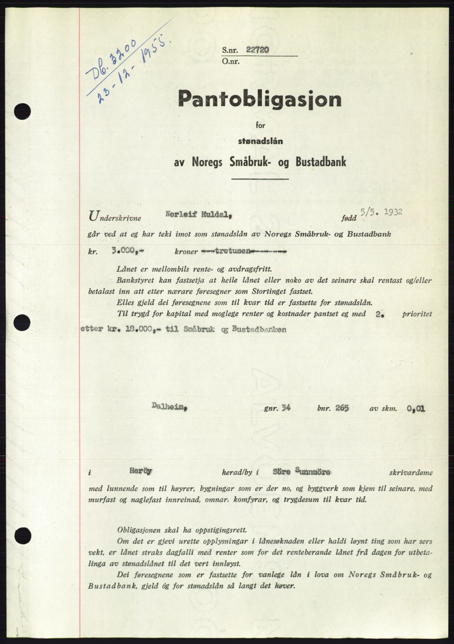 Søre Sunnmøre sorenskriveri, SAT/A-4122/1/2/2C/L0127: Pantebok nr. 15B, 1955-1955, Dagboknr: 3200/1955