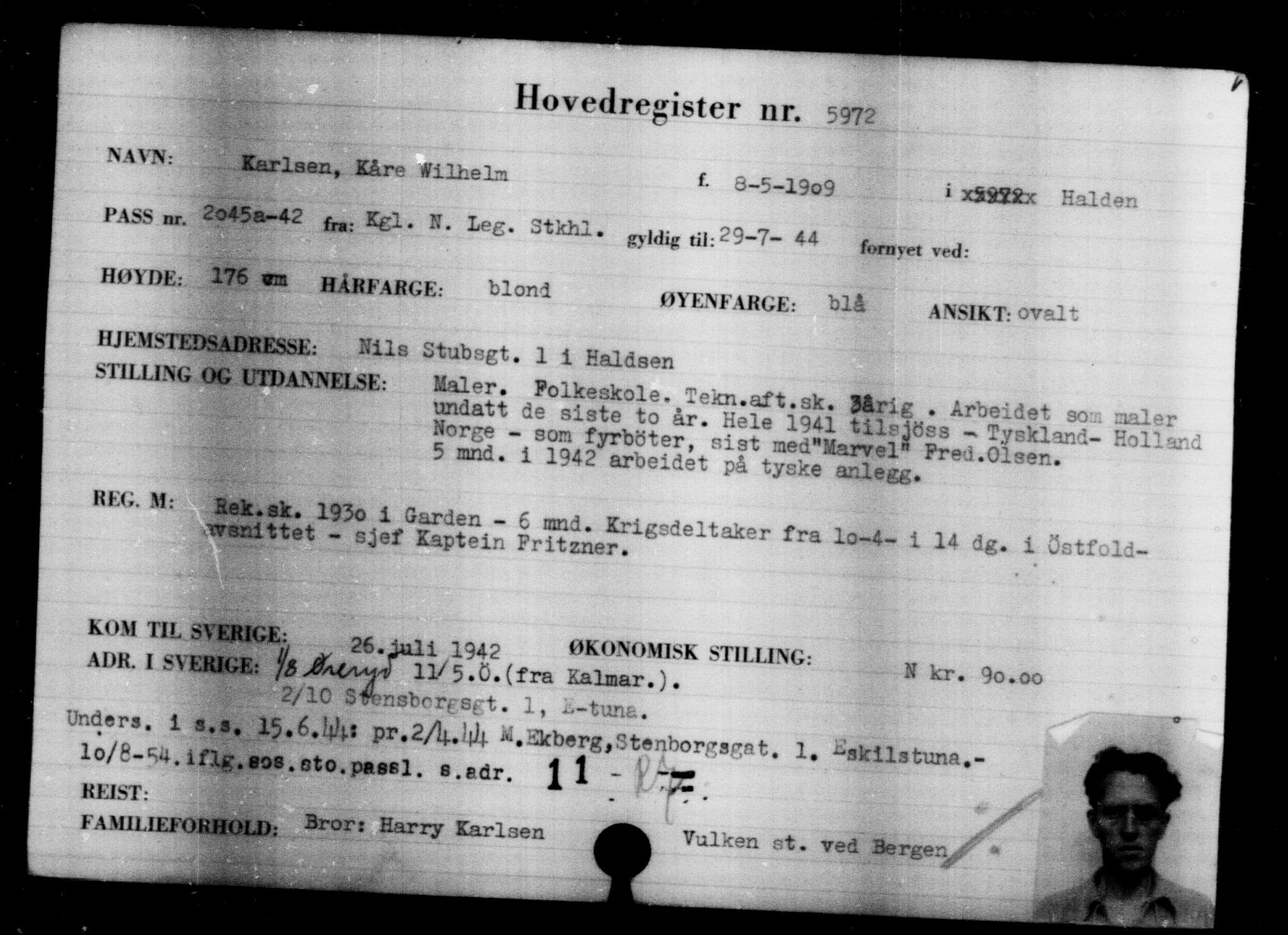 Utenriksstasjonene, Legasjonen i Stockholm, Flyktningkontoret, AV/RA-S-6753/V/Va/L0004: Kjesäterkartoteket, flyktninger med registreringsnr. 3496-6610, 1940-1945, s. 2891