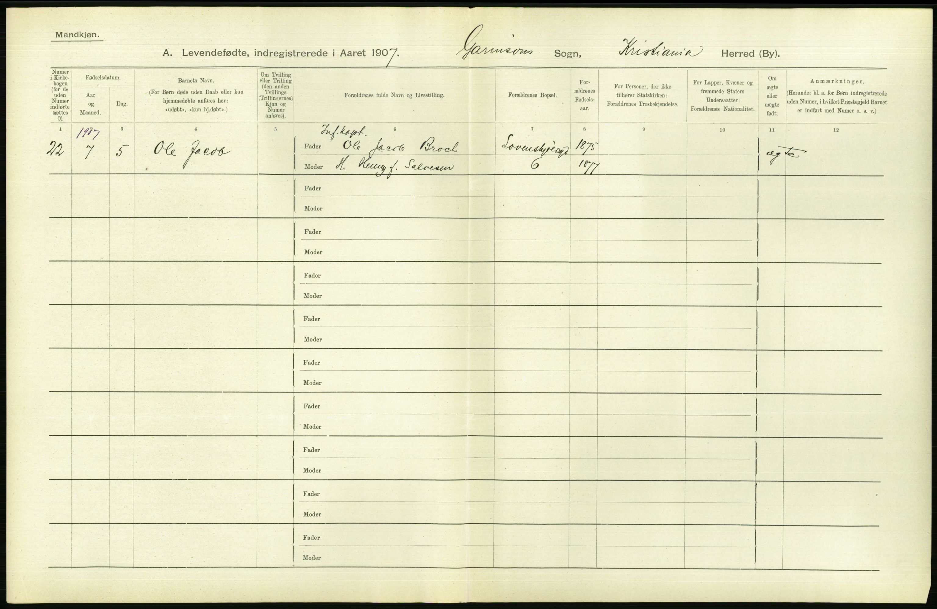 Statistisk sentralbyrå, Sosiodemografiske emner, Befolkning, AV/RA-S-2228/D/Df/Dfa/Dfae/L0007: Kristiania: Levendefødte menn og kvinner., 1907, s. 700