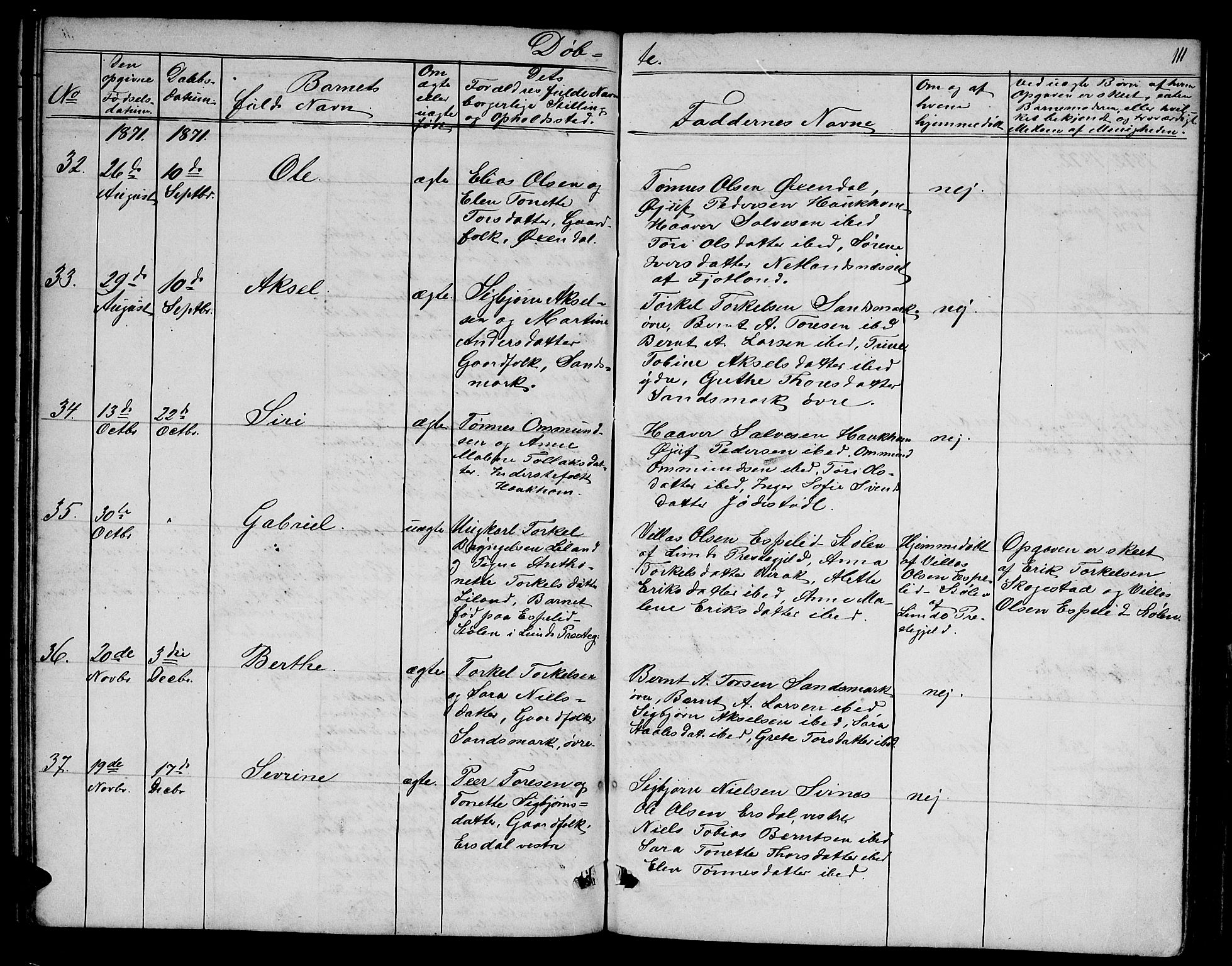 Bakke sokneprestkontor, AV/SAK-1111-0002/F/Fb/Fba/L0001: Klokkerbok nr. B 1, 1849-1879, s. 111