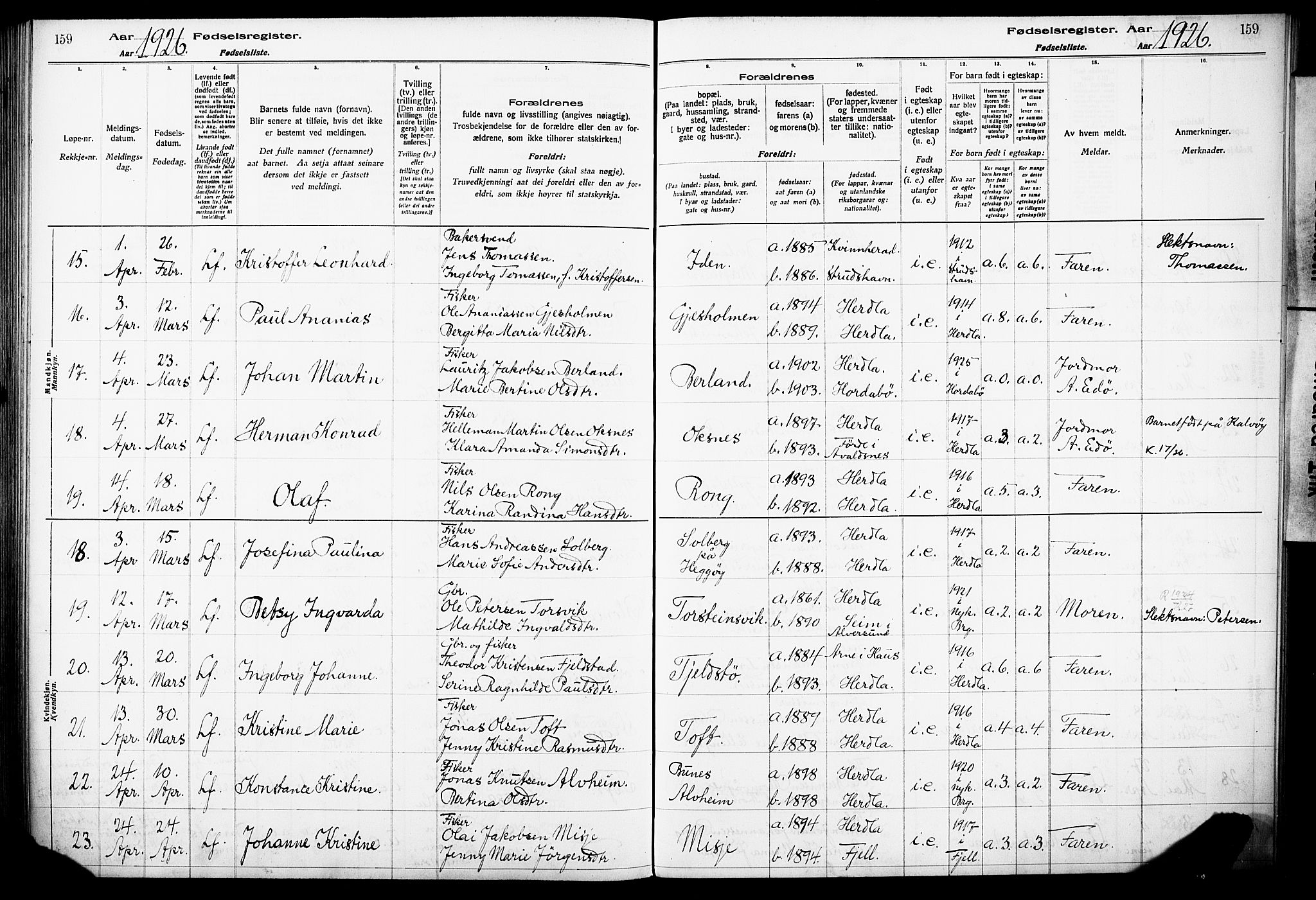 Herdla Sokneprestembete, AV/SAB-A-75701/I/Id/L00A1: Fødselsregister nr. A 1, 1916-1929, s. 159