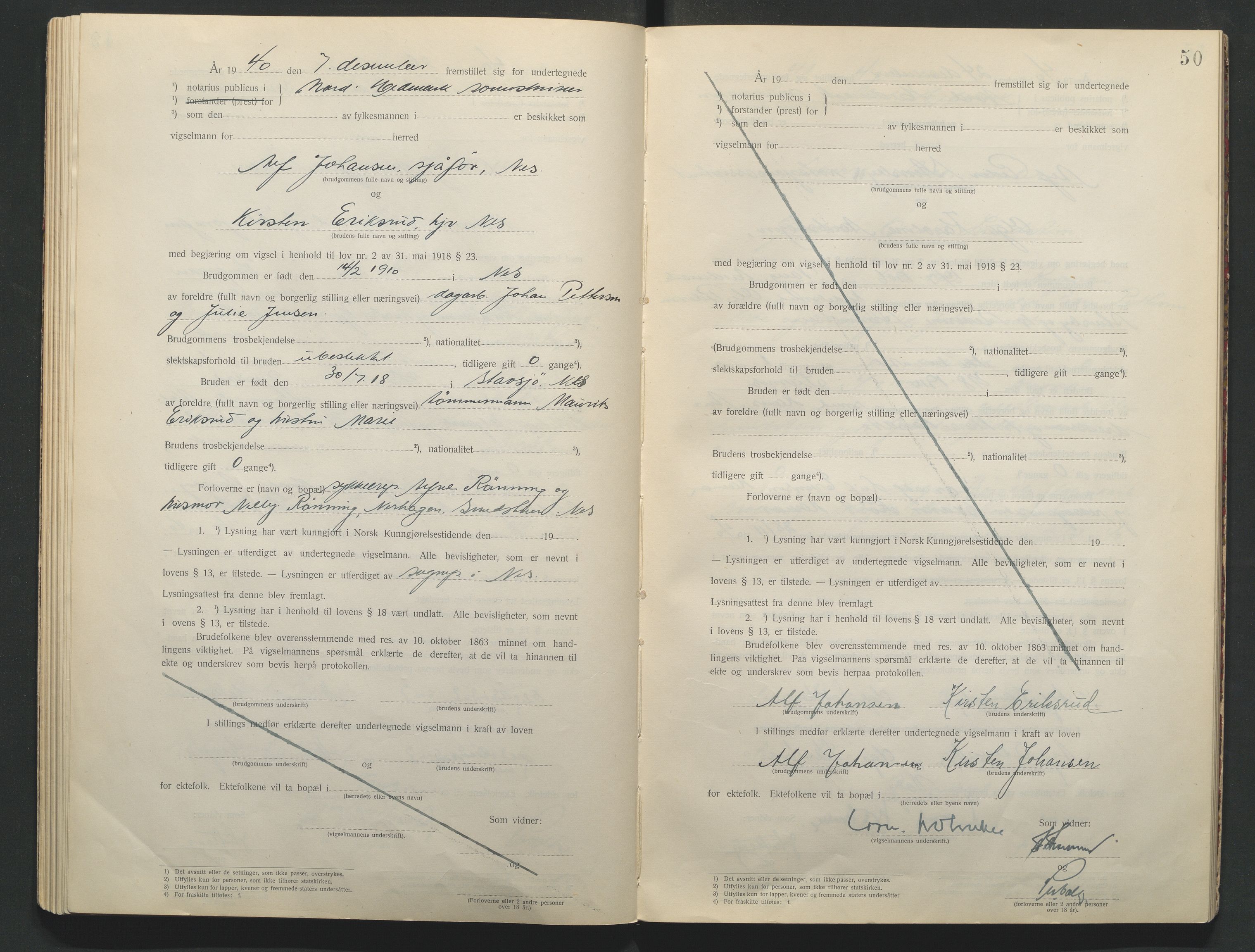 Nord-Hedmark sorenskriveri, AV/SAH-TING-012/L/Lc/L0001/0001: Vigselsprotokoller / Vigselsprotokoll, 1920-1942, s. 50