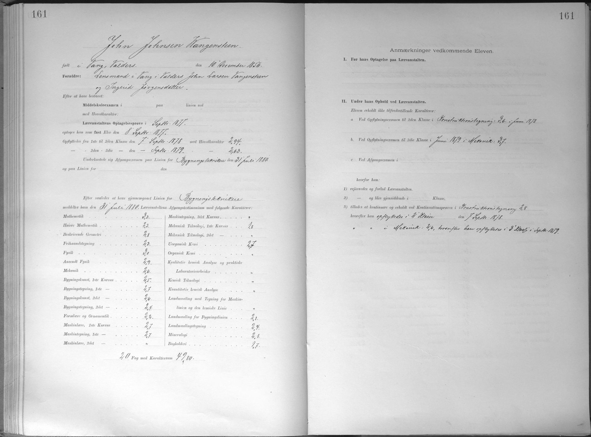 Trondhjems tekniske læreanstalt, SAT/A-1622/G/Ga/L0046: Karakterprotokoll, faste elever, 1870-1890