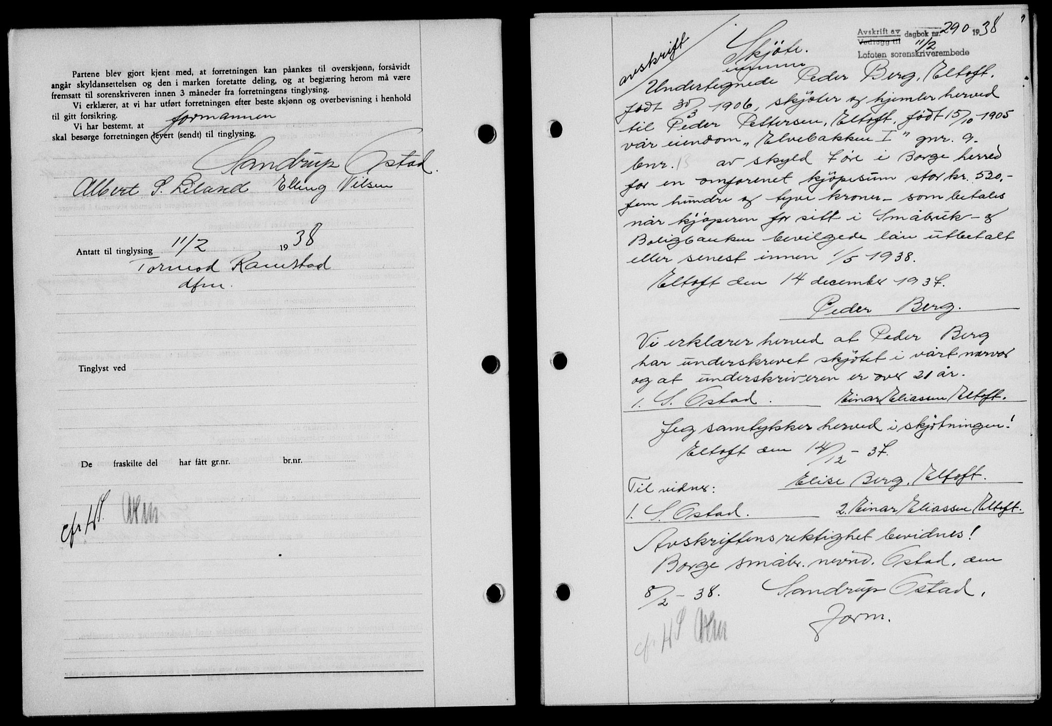 Lofoten sorenskriveri, SAT/A-0017/1/2/2C/L0003a: Pantebok nr. 3a, 1937-1938, Dagboknr: 290/1938