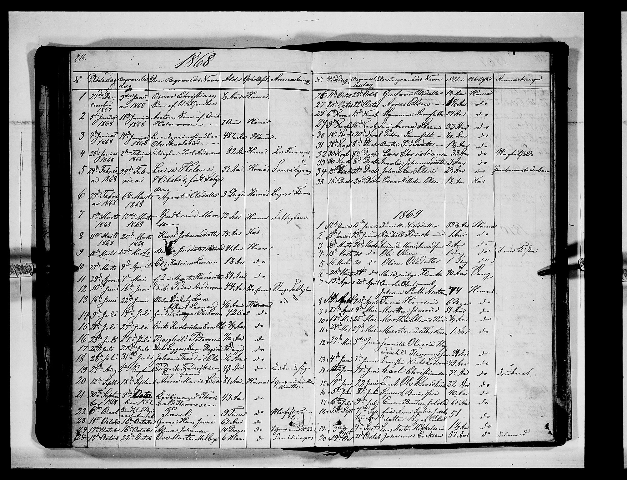 Vang prestekontor, Hedmark, AV/SAH-PREST-008/H/Ha/Hab/L0011: Klokkerbok nr. 11, 1855-1878, s. 216