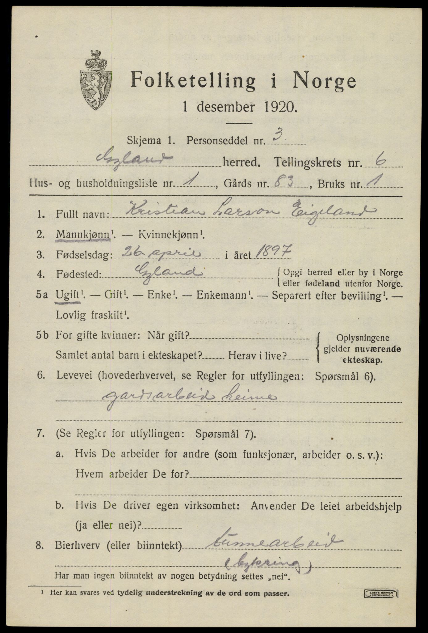 SAK, Folketelling 1920 for 1044 Gyland herred, 1920, s. 1324