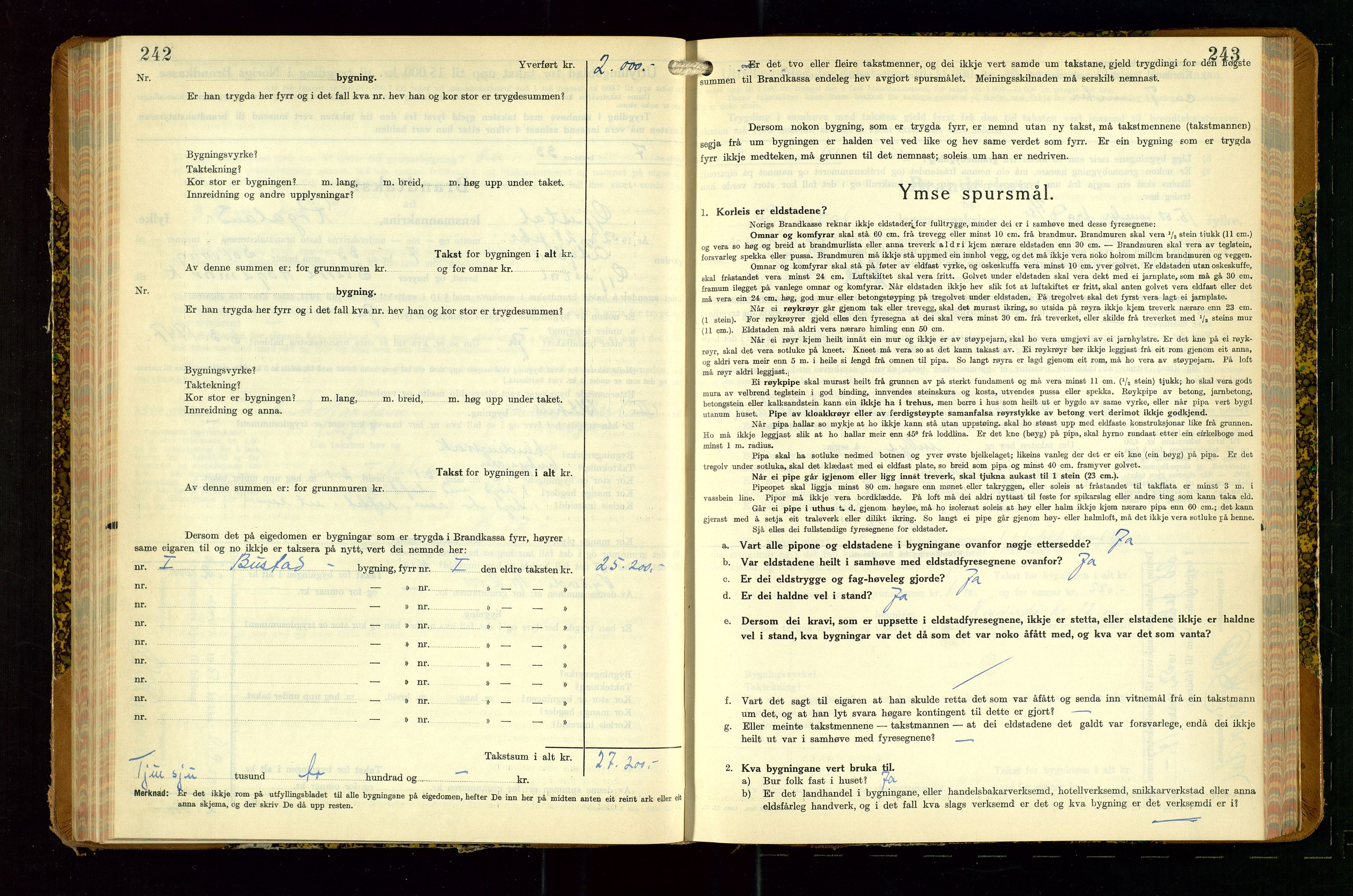 Gjesdal lensmannskontor, AV/SAST-A-100441/Go/L0008: Branntakstskjemaprotokoll, 1937-1955, s. 242-243