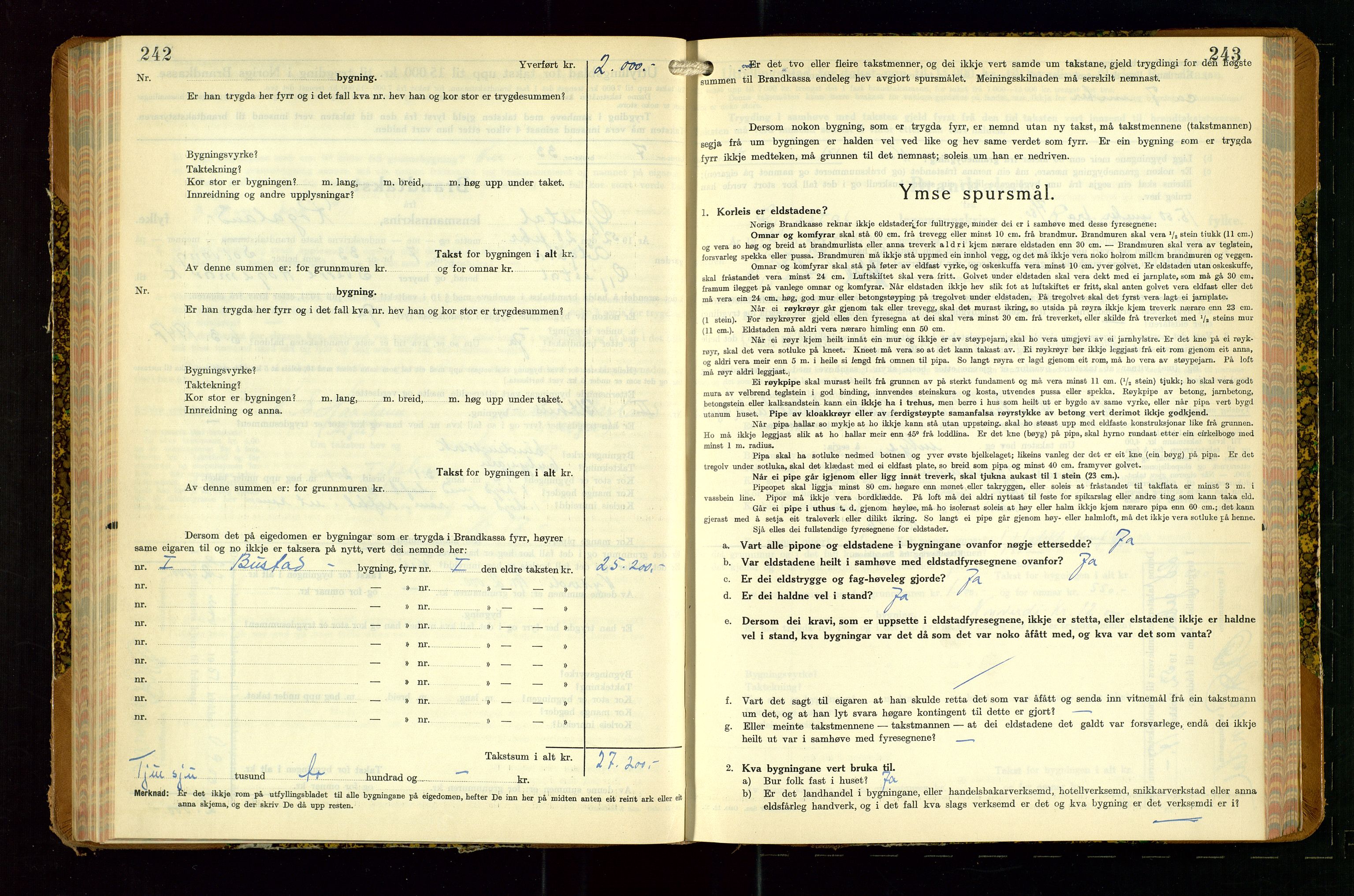 Gjesdal lensmannskontor, SAST/A-100441/Go/L0008: Branntakstskjemaprotokoll, 1937-1955, s. 242-243