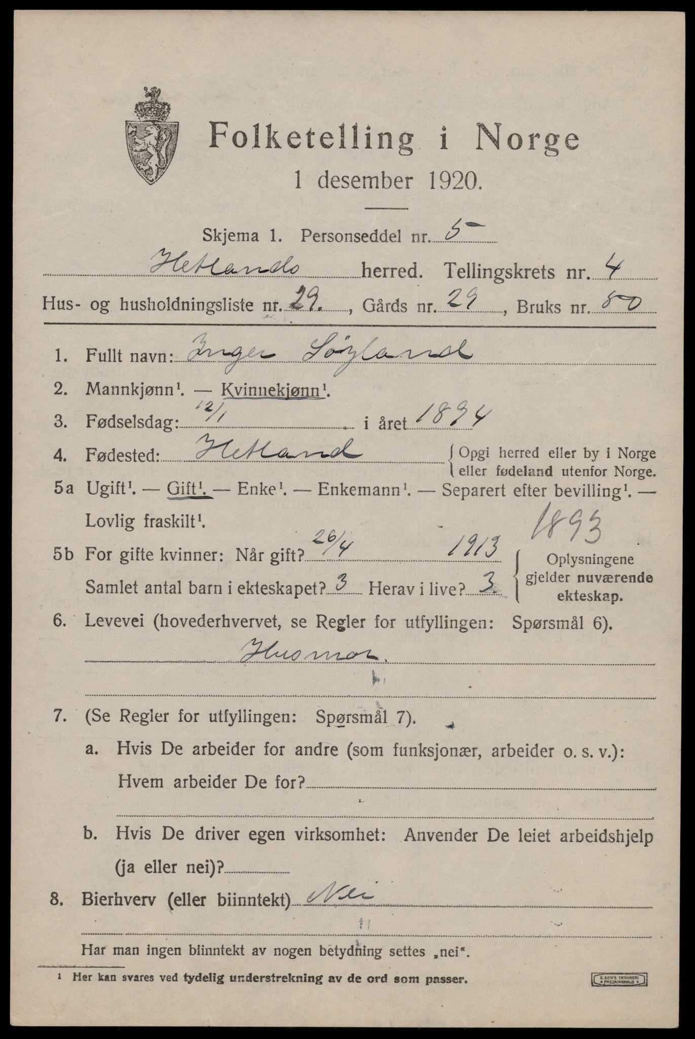 SAST, Folketelling 1920 for 1126 Hetland herred, 1920, s. 6579