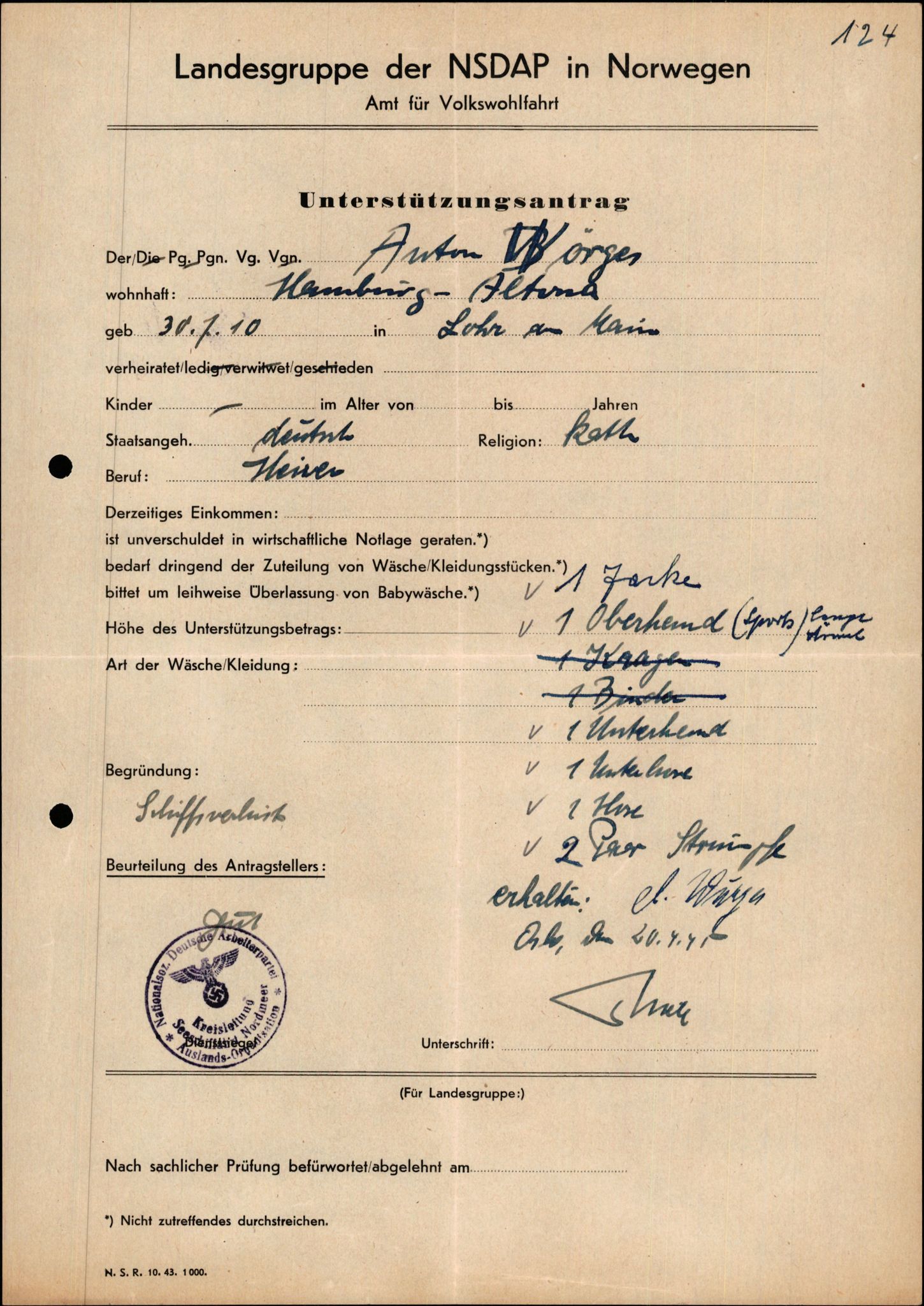 Forsvarets Overkommando. 2 kontor. Arkiv 11.4. Spredte tyske arkivsaker, AV/RA-RAFA-7031/D/Dar/Darb/L0015: Reichskommissariat - NSDAP in Norwegen, 1938-1945, s. 713