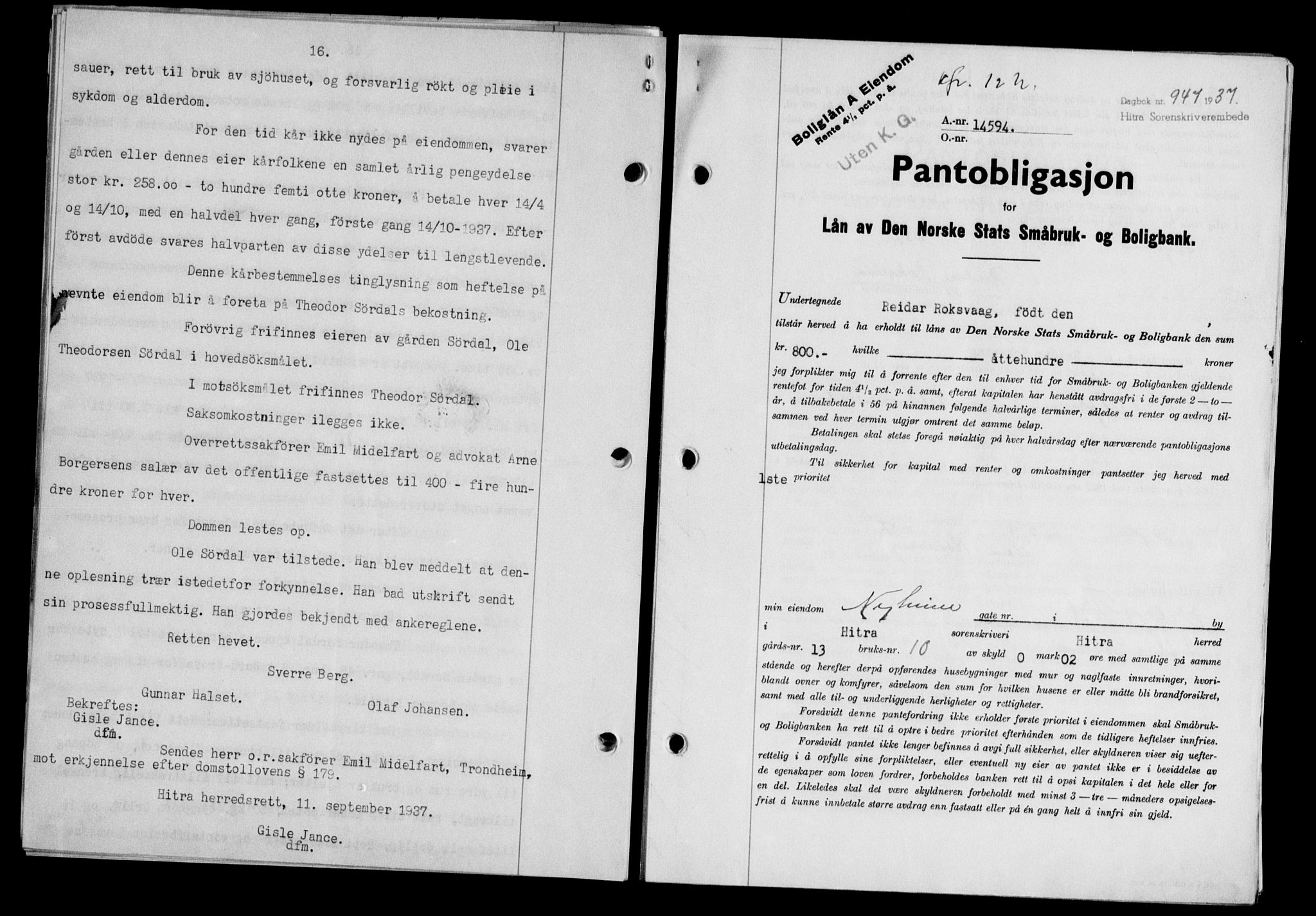 Hitra sorenskriveri, AV/SAT-A-0018/2/2C/2Ca/L0028: Pantebok nr. B-1, 1936-1939, Dagboknr: 947/1937