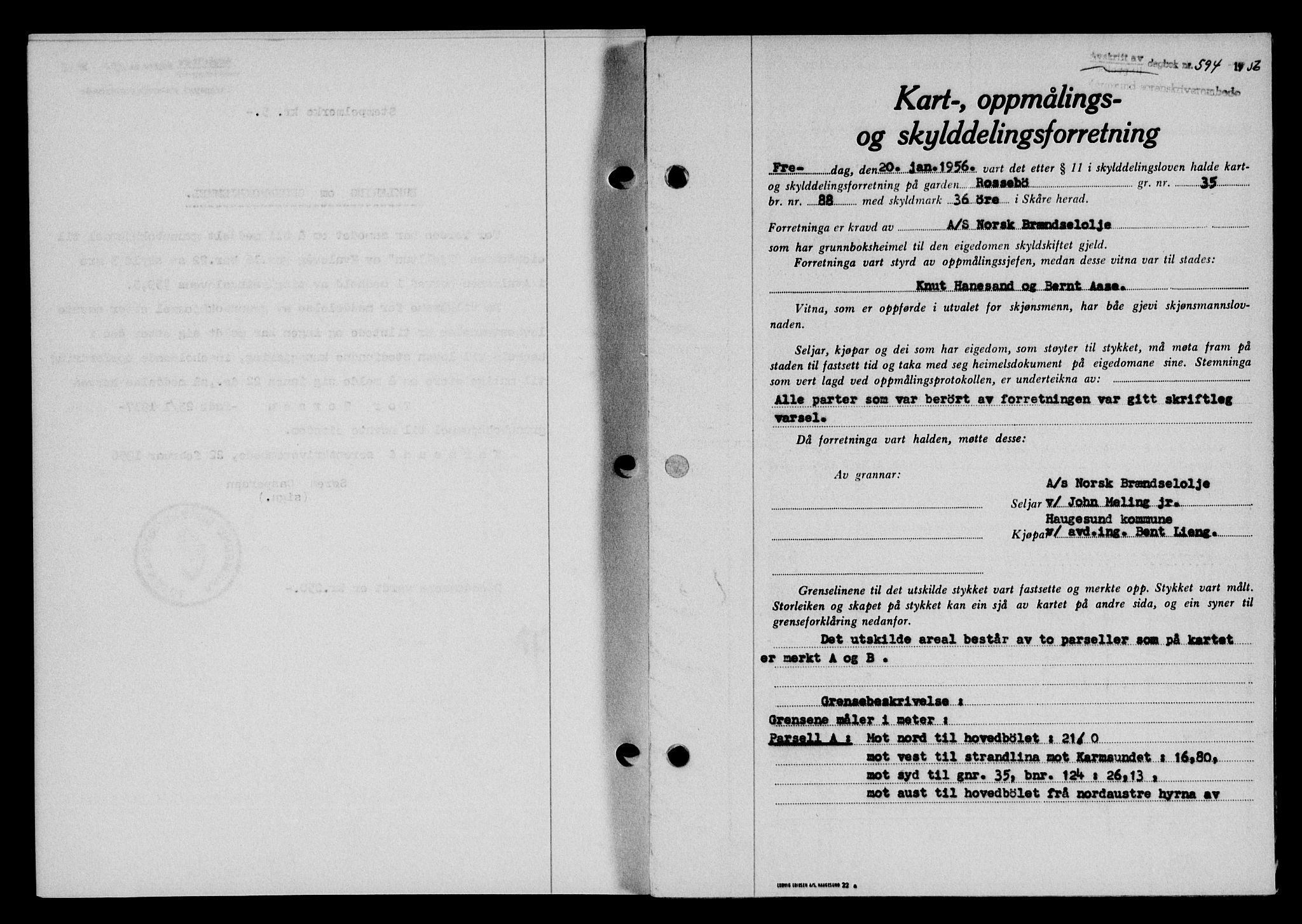 Karmsund sorenskriveri, SAST/A-100311/01/II/IIB/L0118: Pantebok nr. 98A, 1955-1956, Dagboknr: 594/1956