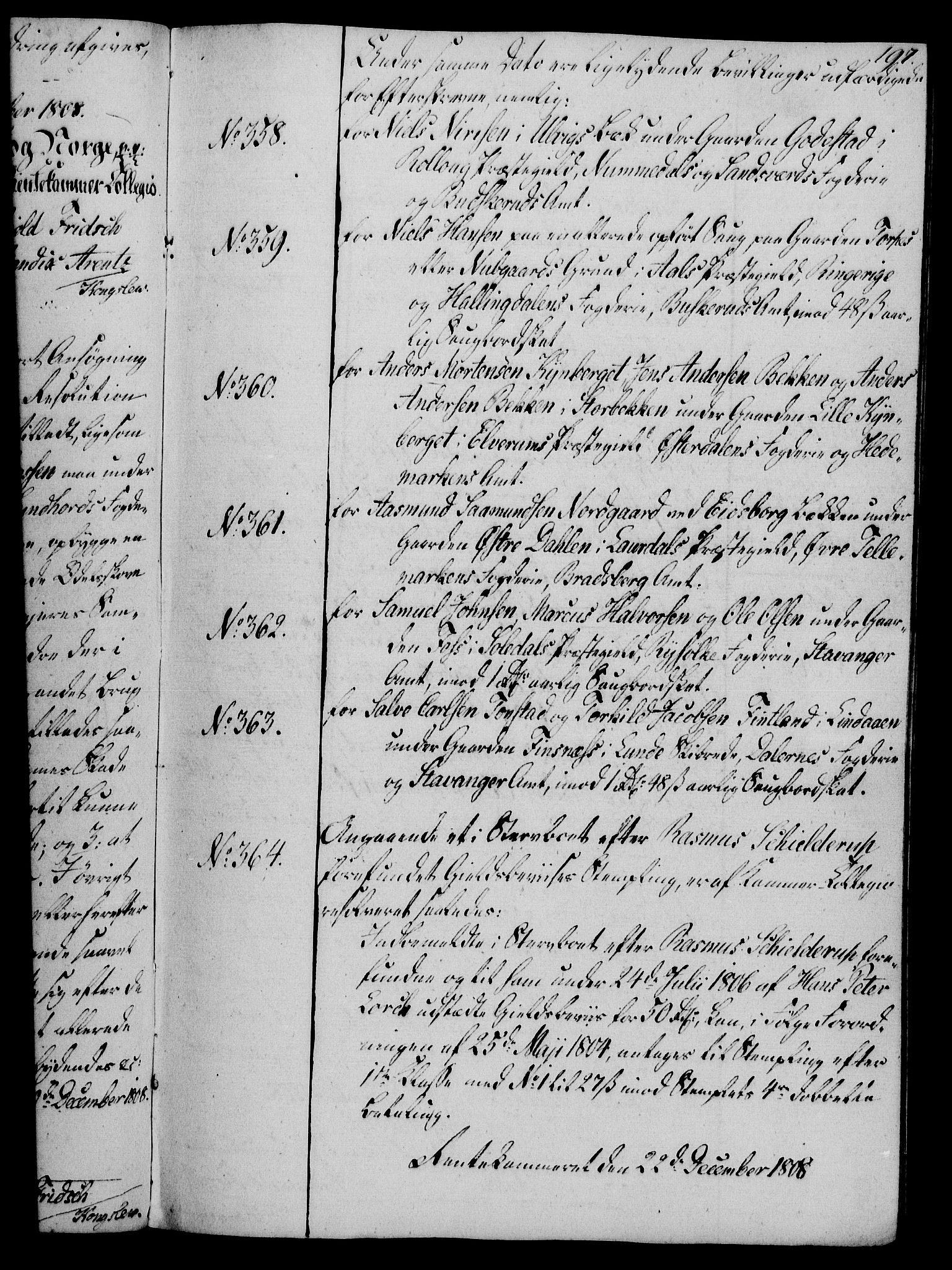 Rentekammeret, Kammerkanselliet, AV/RA-EA-3111/G/Gg/Gga/L0019: Norsk ekspedisjonsprotokoll med register (merket RK 53.19), 1807-1810, s. 197