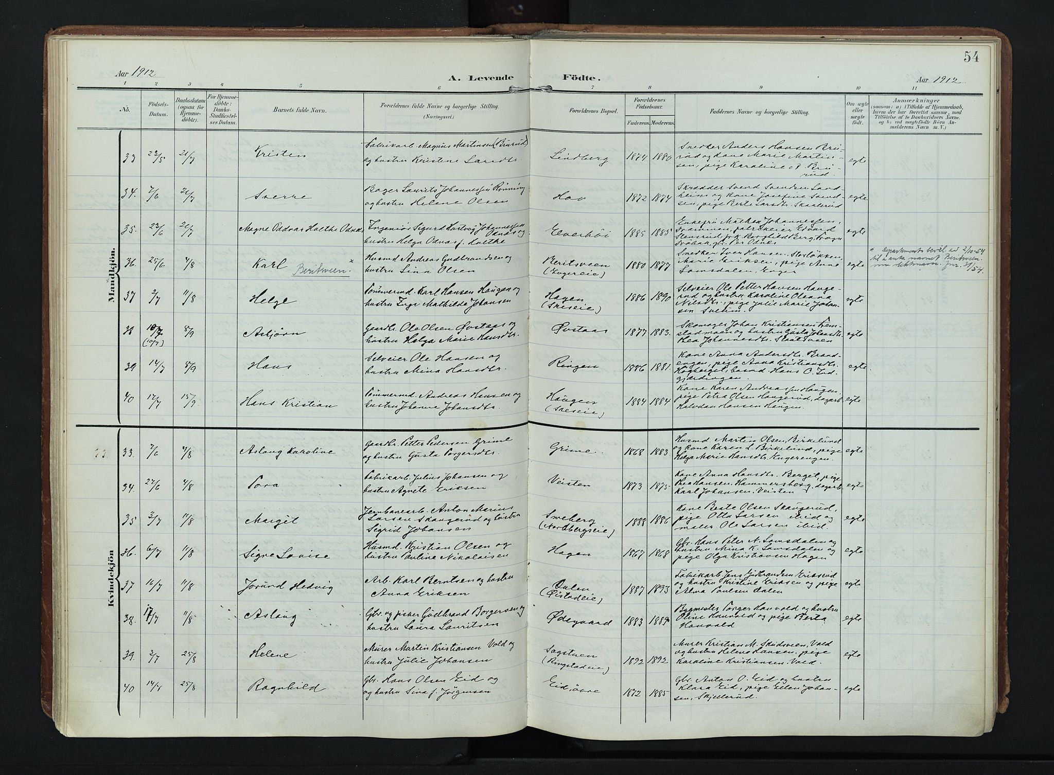 Søndre Land prestekontor, AV/SAH-PREST-122/K/L0007: Ministerialbok nr. 7, 1905-1914, s. 54