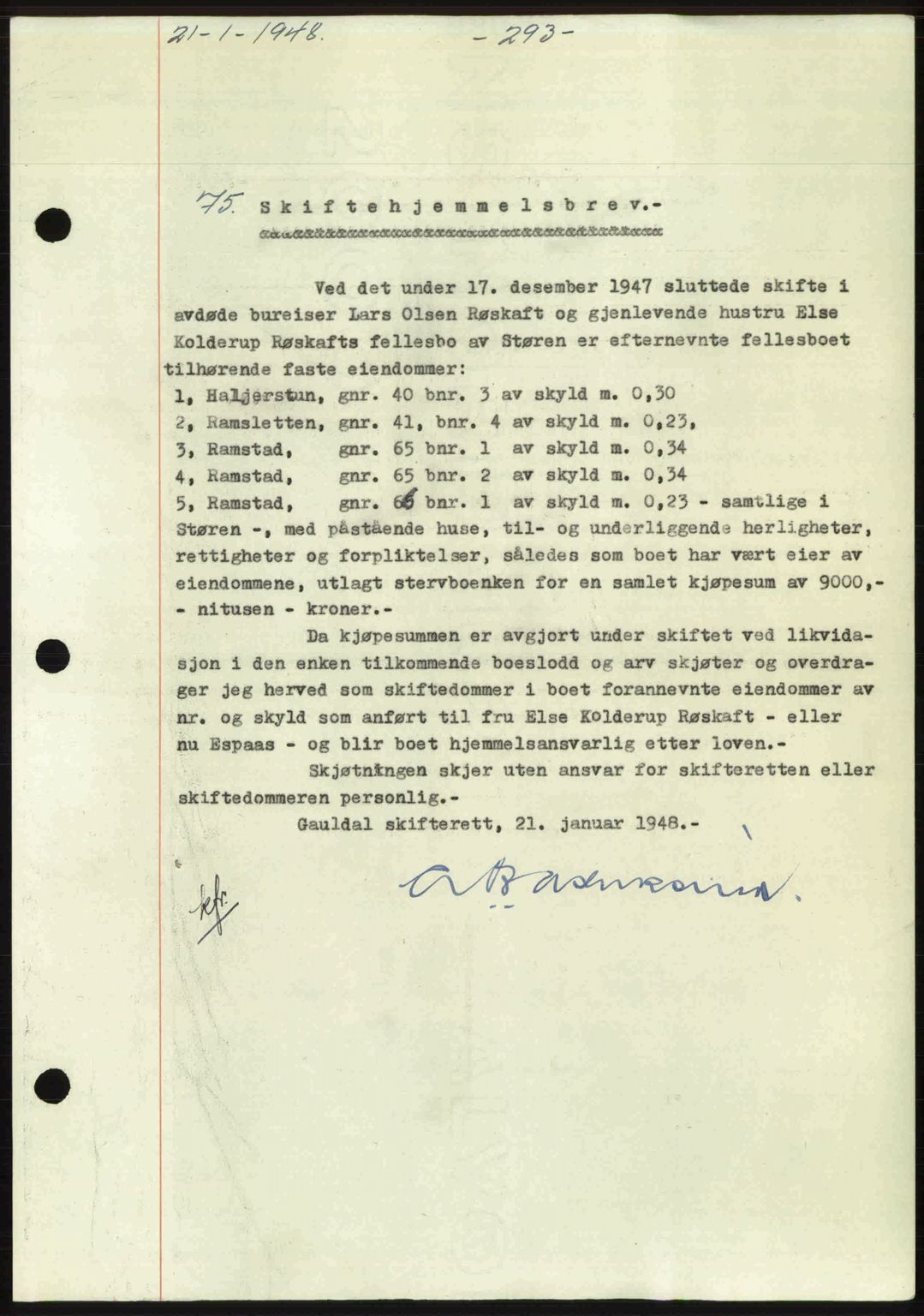 Gauldal sorenskriveri, SAT/A-0014/1/2/2C: Pantebok nr. A5, 1947-1948, Dagboknr: 75/1948