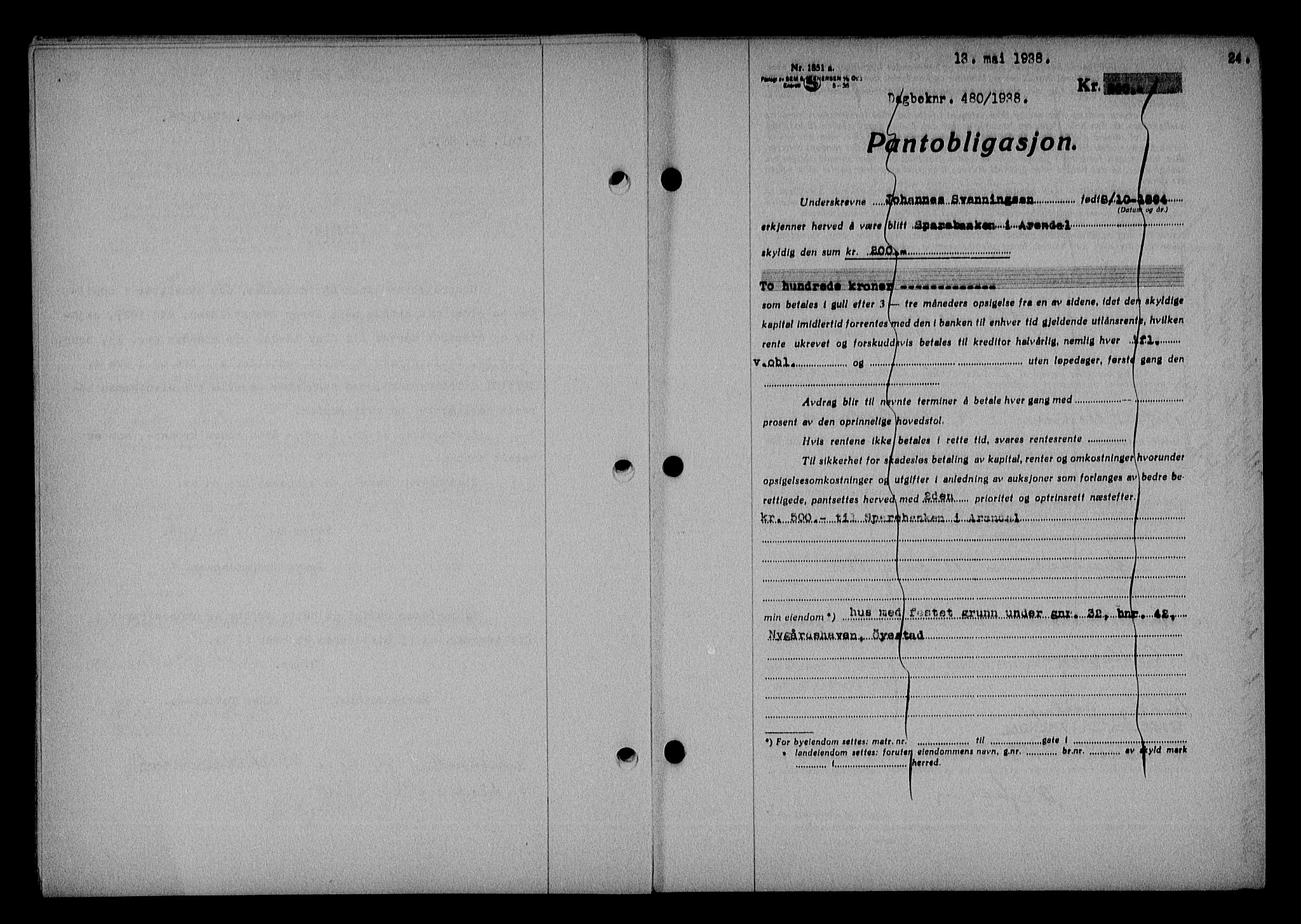 Nedenes sorenskriveri, AV/SAK-1221-0006/G/Gb/Gba/L0045: Pantebok nr. 41, 1938-1938, Dagboknr: 480/1938