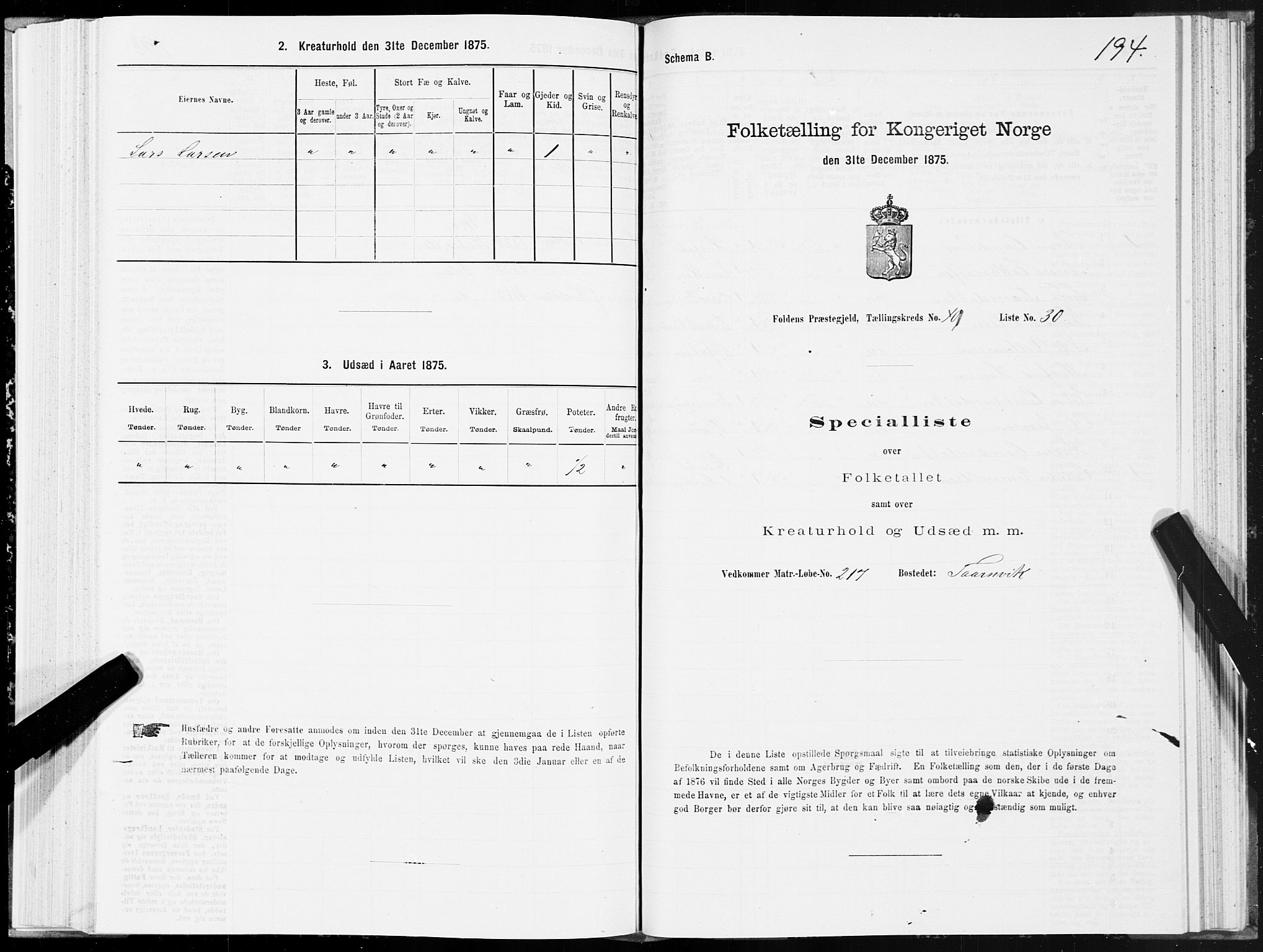 SAT, Folketelling 1875 for 1845P Folda prestegjeld, 1875, s. 3194