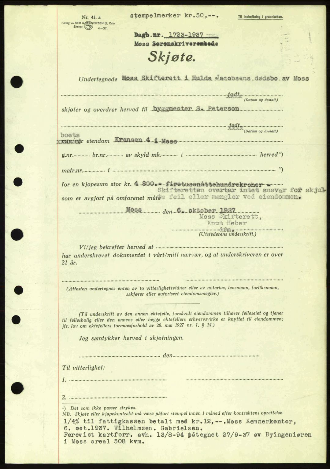 Moss sorenskriveri, SAO/A-10168: Pantebok nr. A3, 1937-1938, Dagboknr: 1723/1937