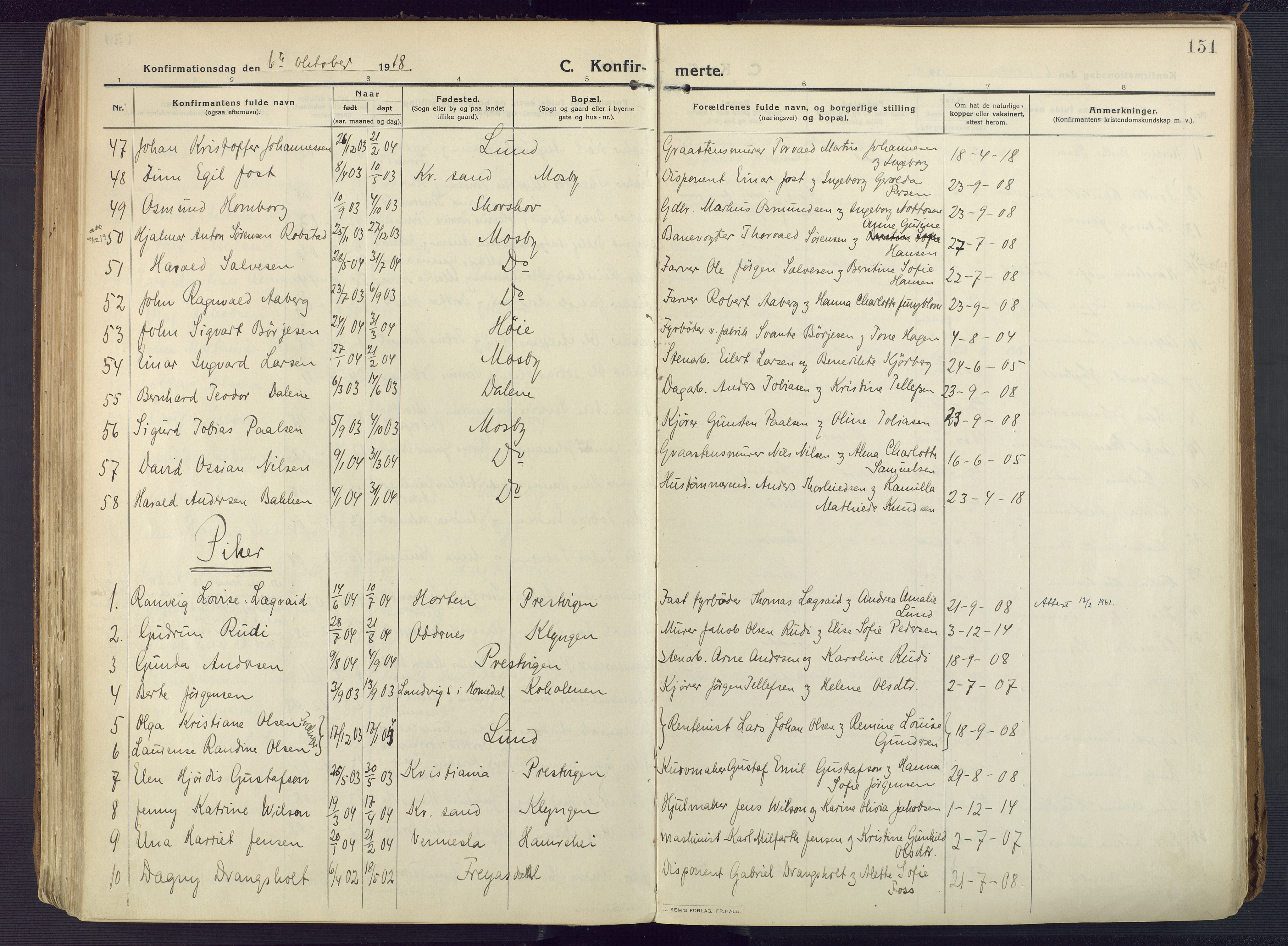 Oddernes sokneprestkontor, AV/SAK-1111-0033/F/Fa/Faa/L0012: Ministerialbok nr. A 12, 1912-1925, s. 151