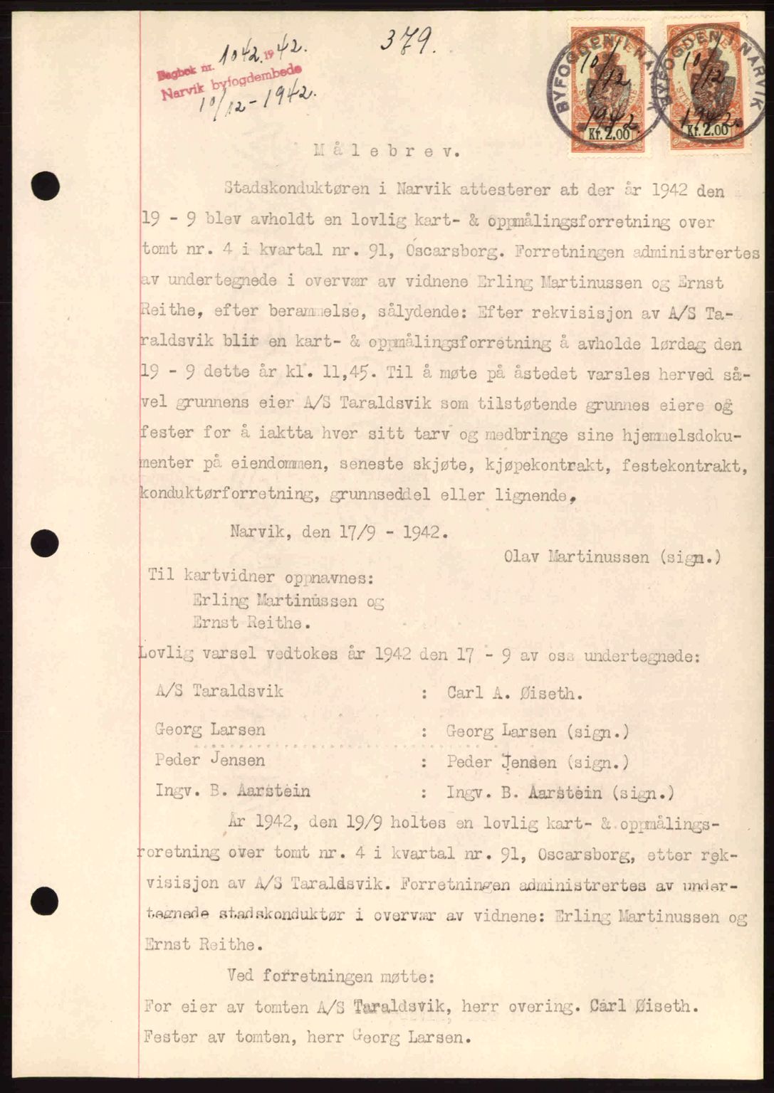 Narvik sorenskriveri, SAT/A-0002/1/2/2C/2Ca: Pantebok nr. A19, 1942-1943, Dagboknr: 1042/1942