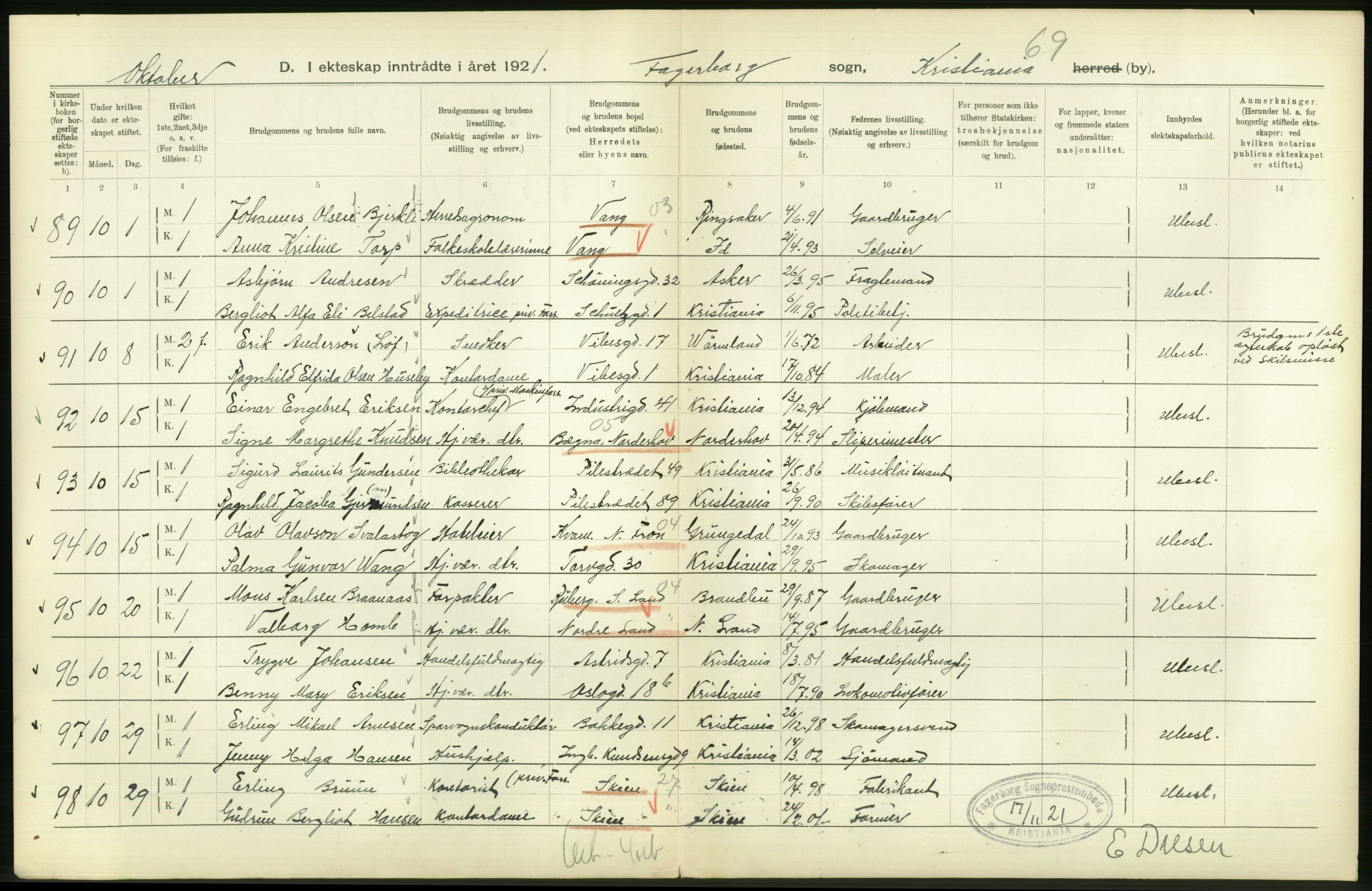 Statistisk sentralbyrå, Sosiodemografiske emner, Befolkning, AV/RA-S-2228/D/Df/Dfc/Dfca/L0011: Kristiania: Gifte, 1921, s. 284