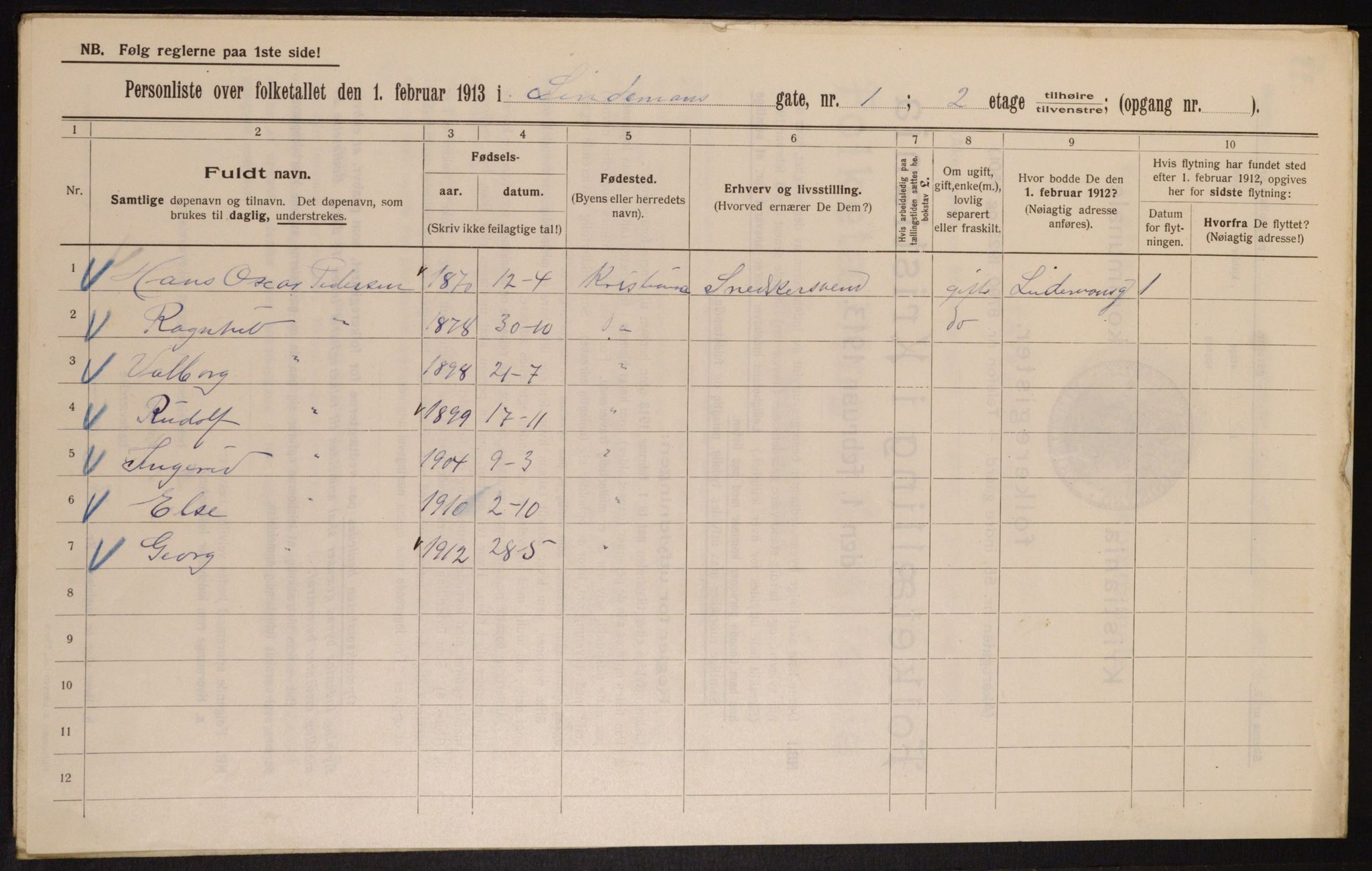 OBA, Kommunal folketelling 1.2.1913 for Kristiania, 1913, s. 57396