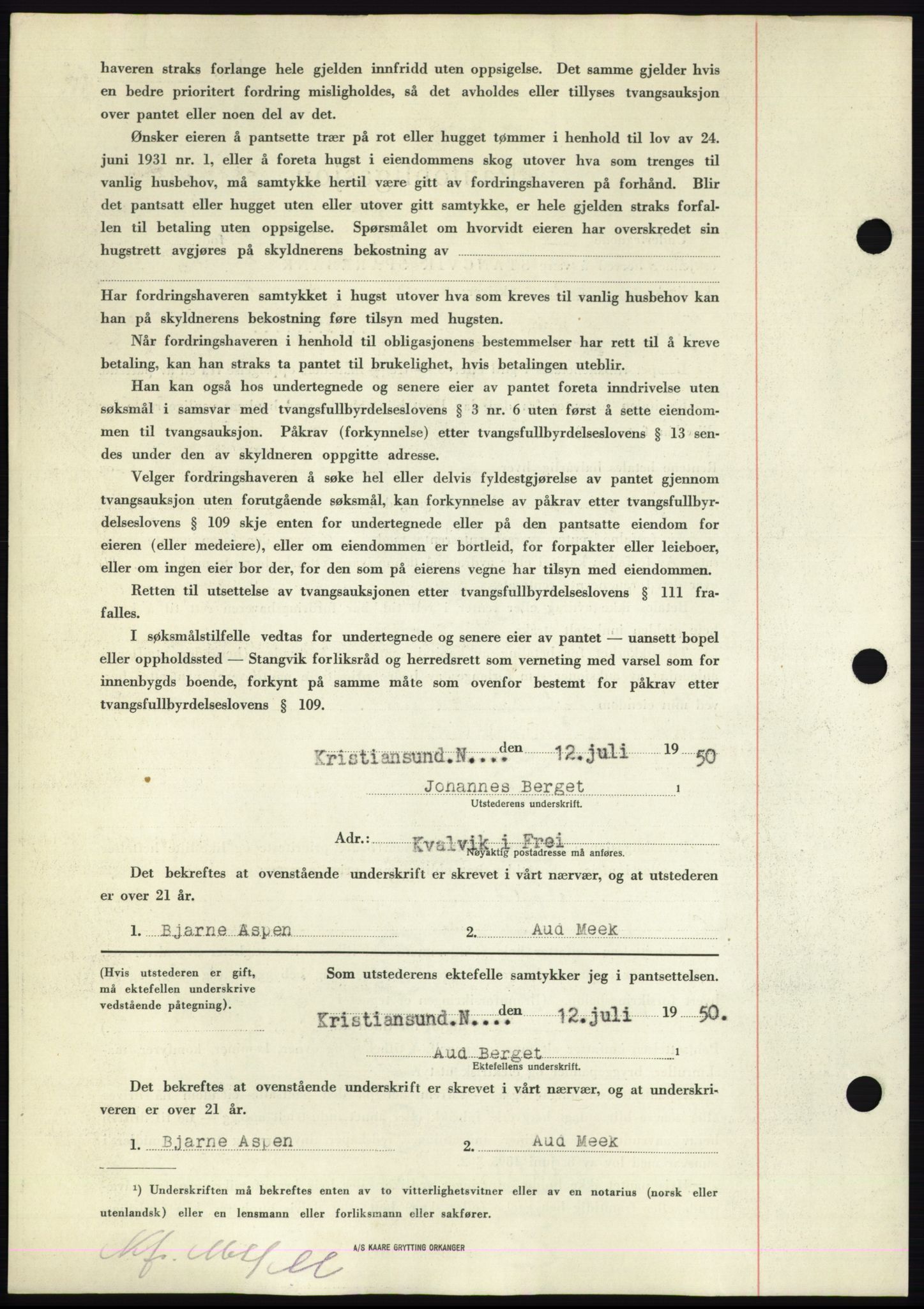 Nordmøre sorenskriveri, AV/SAT-A-4132/1/2/2Ca: Pantebok nr. B105, 1950-1950, Dagboknr: 2354/1950