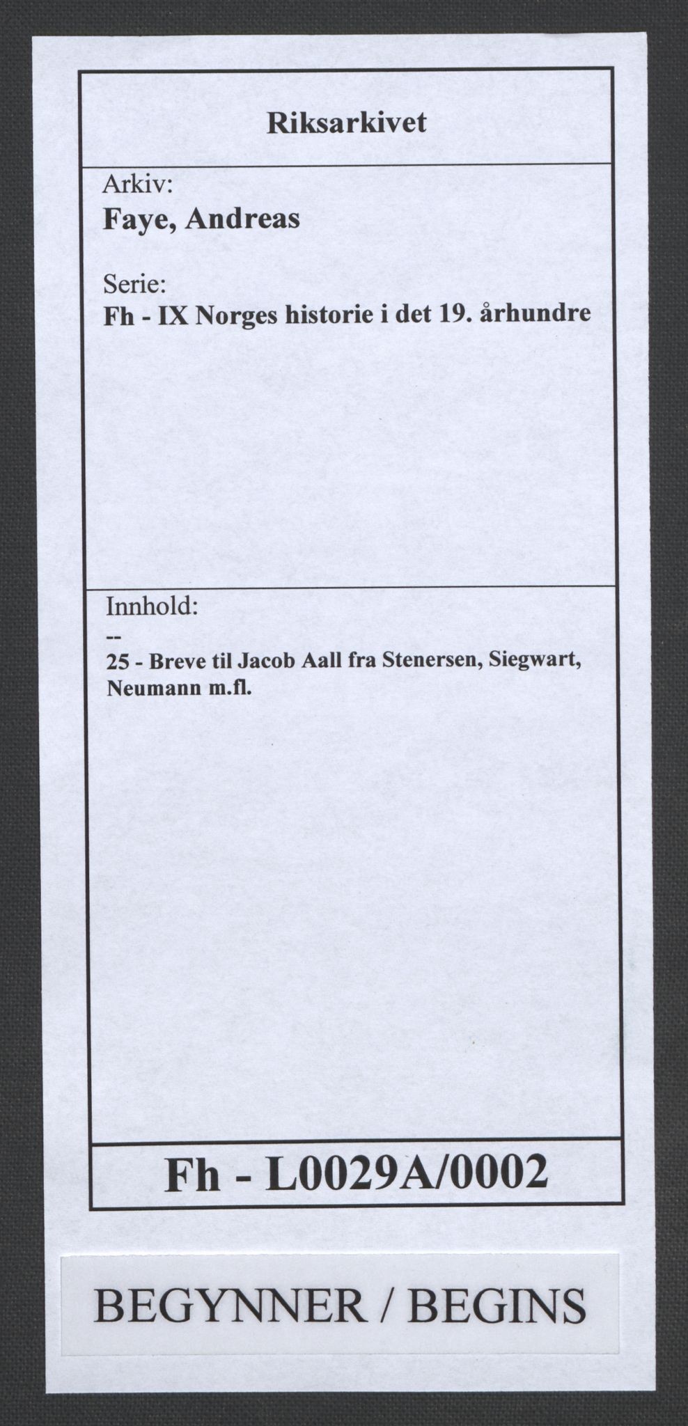 Faye, Andreas, AV/RA-PA-0015/F/Fh/L0029A/0002: -- / Breve til Jacob Aall fra Stenersen, Siegwart, Neumann m.fl., s. 1