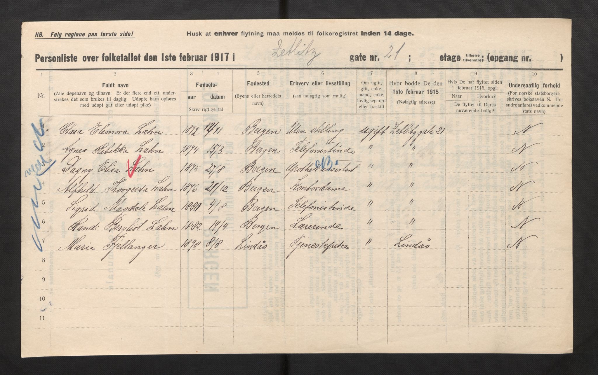 SAB, Kommunal folketelling 1917 for Bergen kjøpstad, 1917, s. 45665