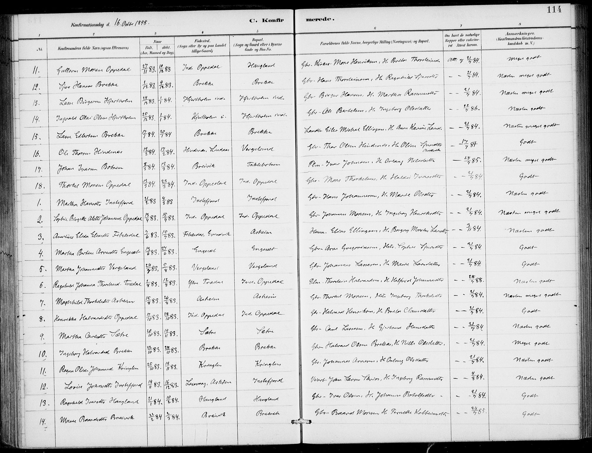 Gulen sokneprestembete, AV/SAB-A-80201/H/Haa/Haac/L0002: Ministerialbok nr. C  2, 1882-1914, s. 114