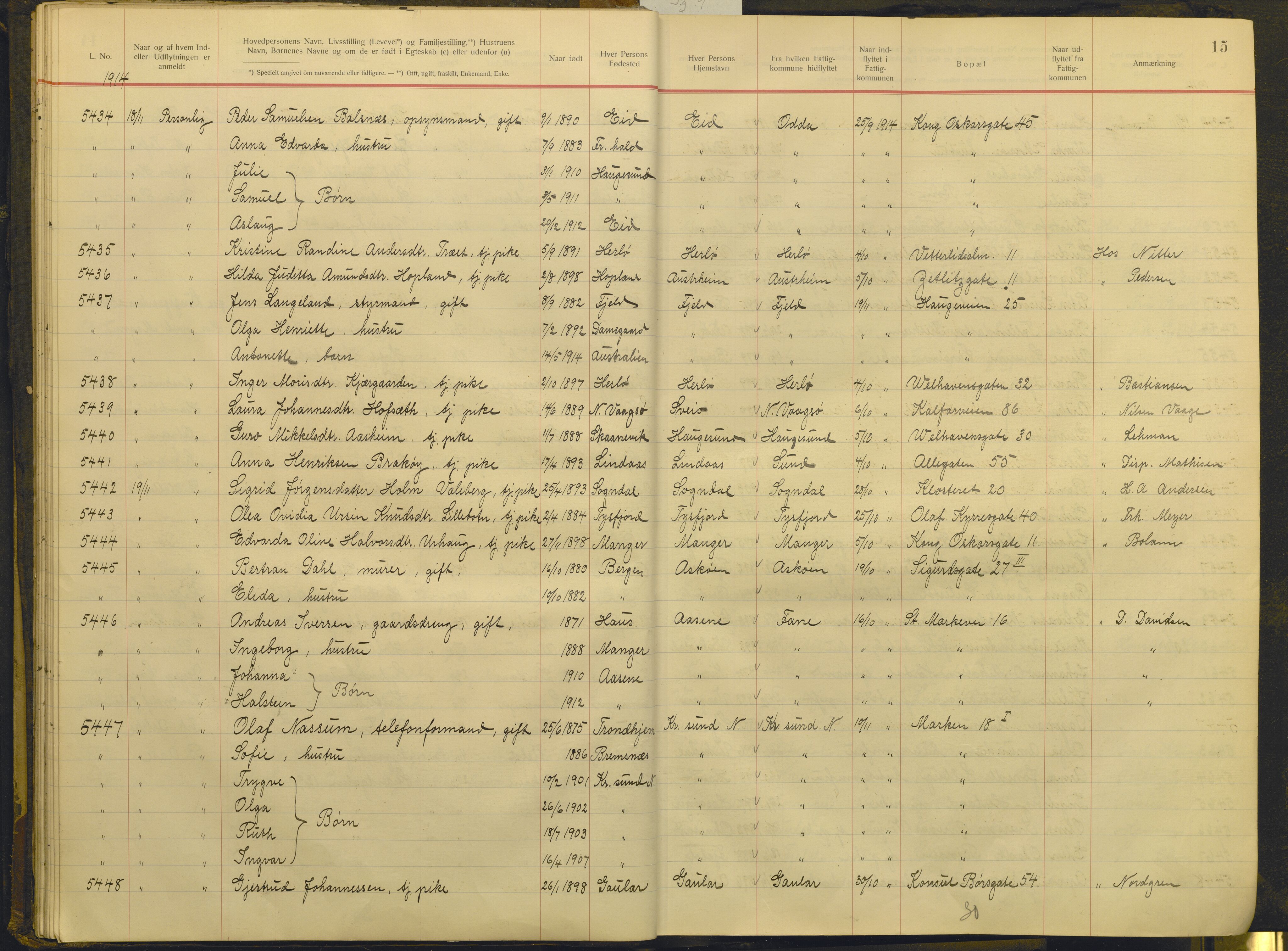 Bergen politikammer / politidistrikt, AV/SAB-A-60401/J.g/L0009: Protokoll over innflyttede, 1914-1917, s. 15