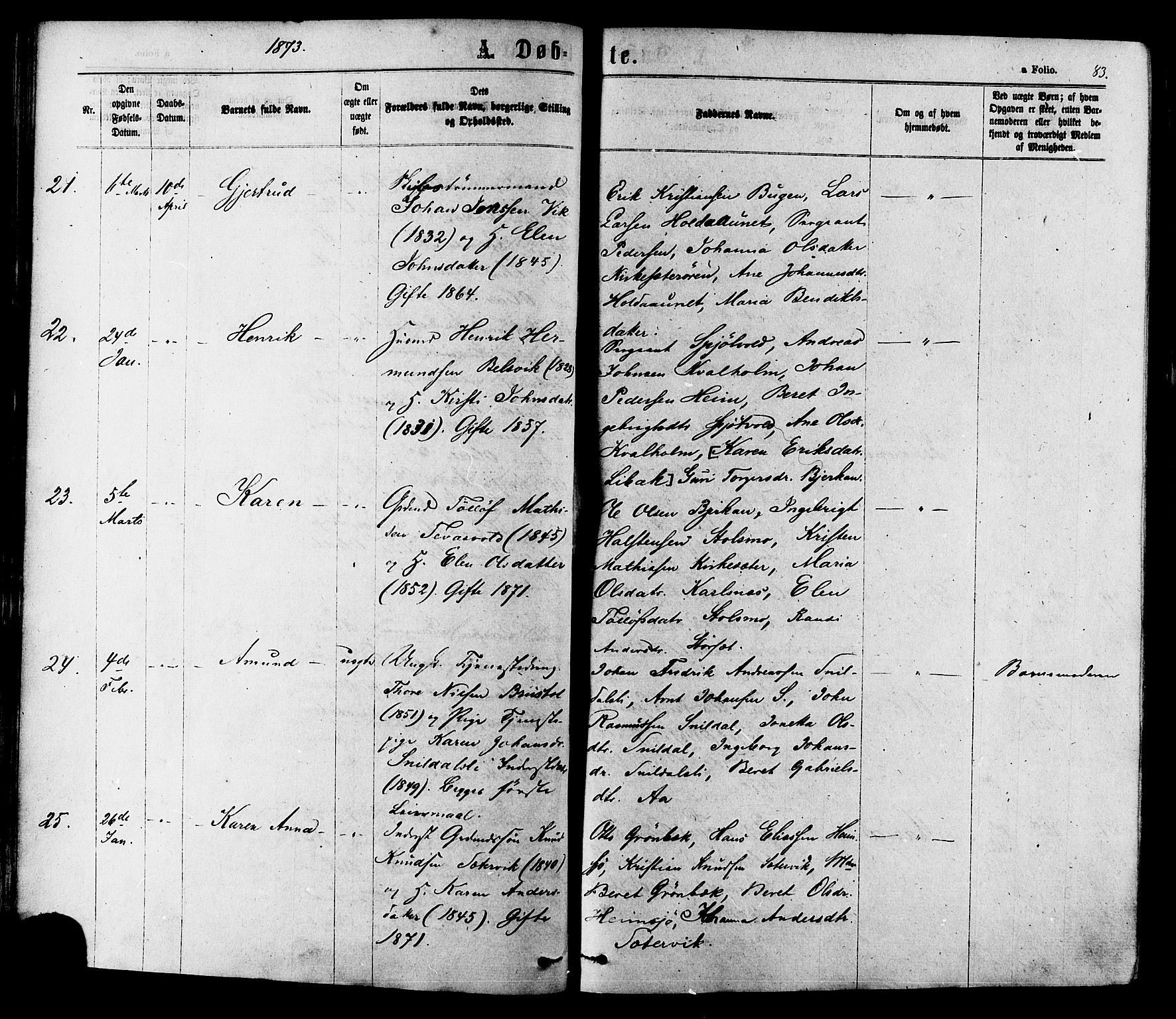 Ministerialprotokoller, klokkerbøker og fødselsregistre - Sør-Trøndelag, AV/SAT-A-1456/630/L0495: Ministerialbok nr. 630A08, 1868-1878, s. 83
