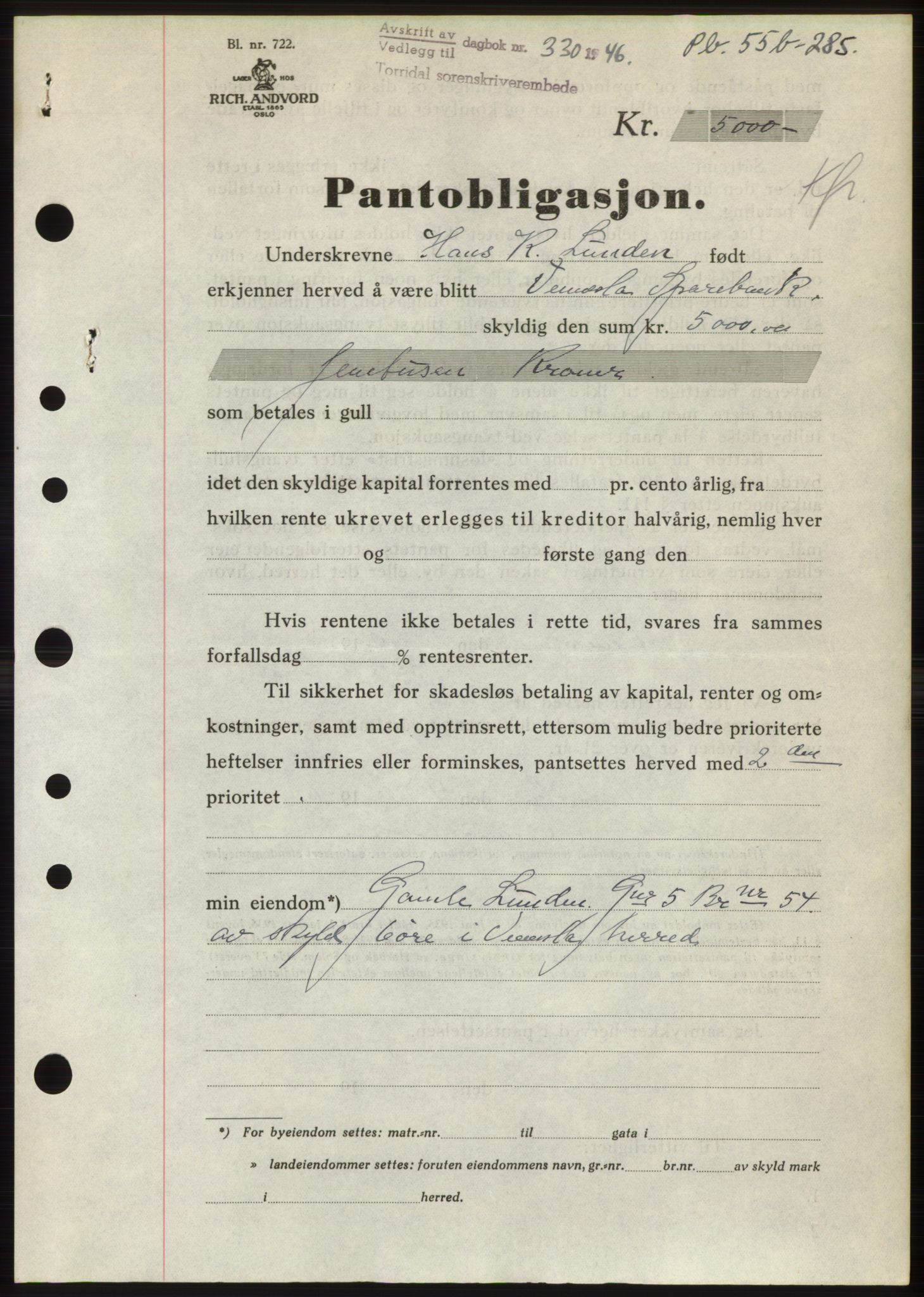 Torridal sorenskriveri, SAK/1221-0012/G/Gb/Gbb/L0012: Pantebok nr. 55B, 1946-1946, Dagboknr: 330/1946