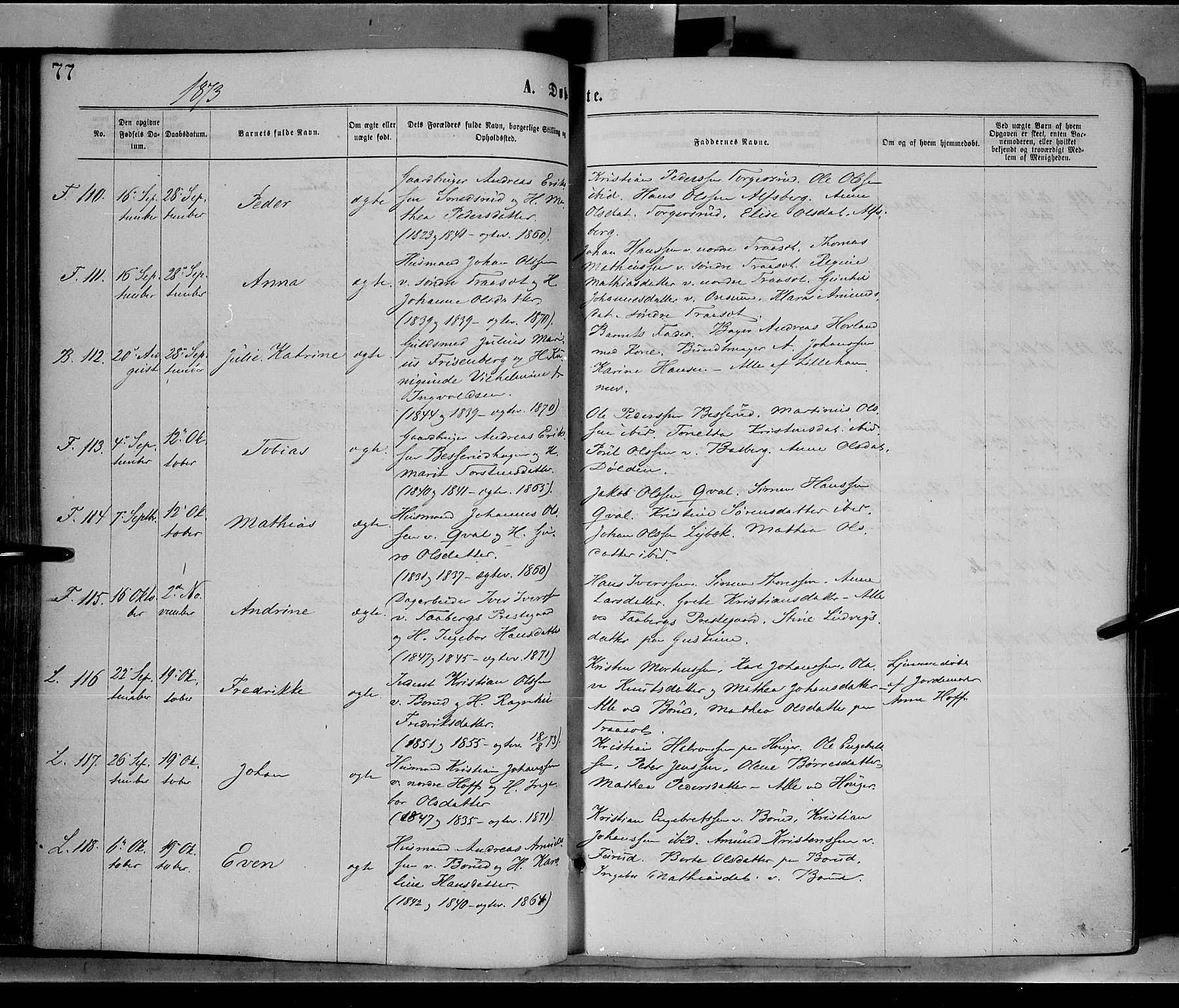 Fåberg prestekontor, AV/SAH-PREST-086/H/Ha/Haa/L0007: Ministerialbok nr. 7, 1868-1878, s. 77