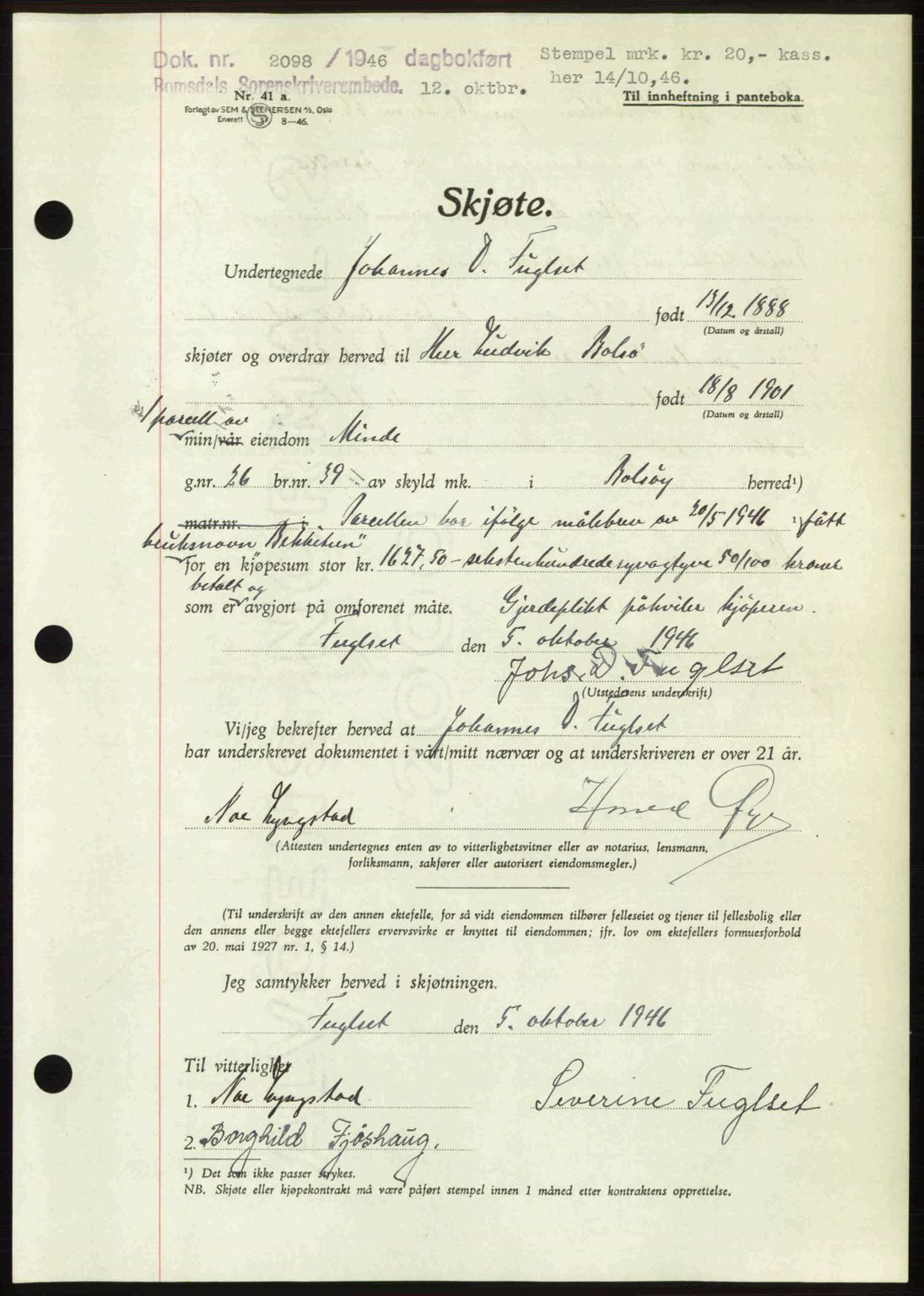 Romsdal sorenskriveri, AV/SAT-A-4149/1/2/2C: Pantebok nr. A21, 1946-1946, Dagboknr: 2098/1946