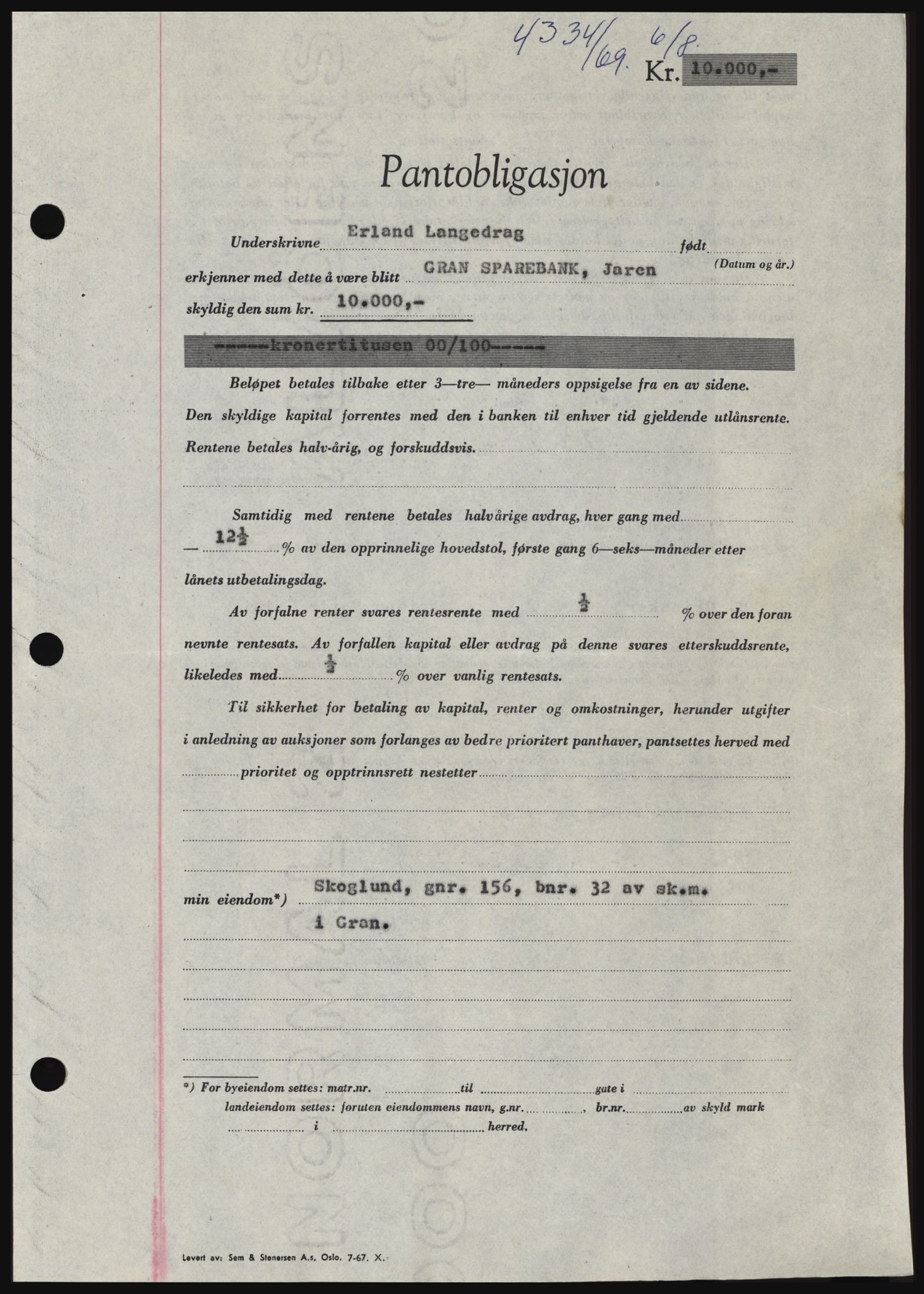 Hadeland og Land tingrett, SAH/TING-010/H/Hb/Hbc/L0074: Pantebok nr. B74, 1969-1969, Dagboknr: 4334/1969