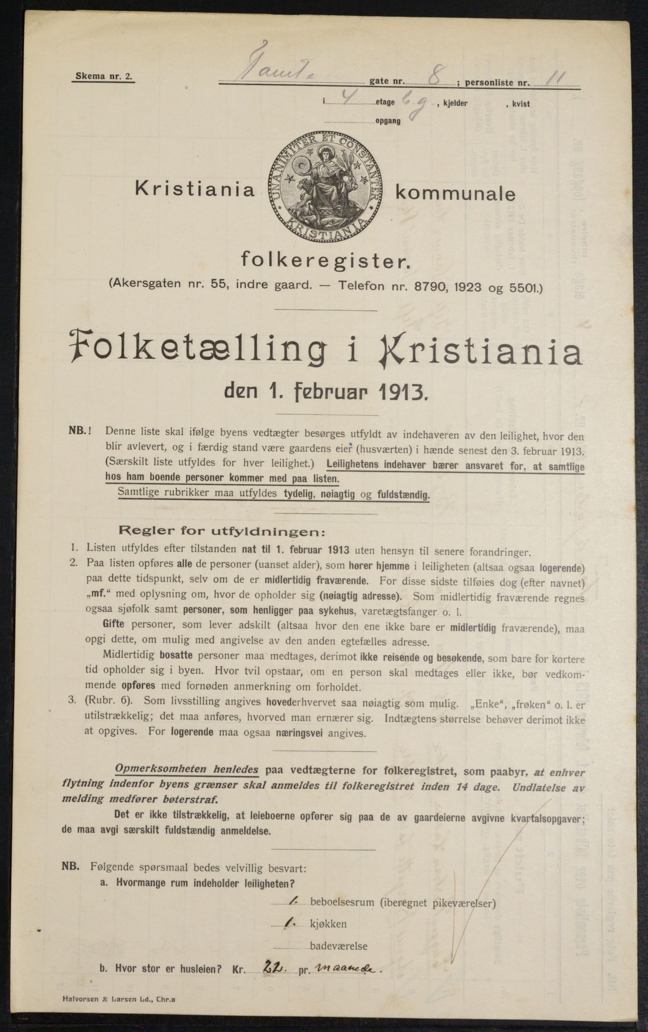 OBA, Kommunal folketelling 1.2.1913 for Kristiania, 1913, s. 113503