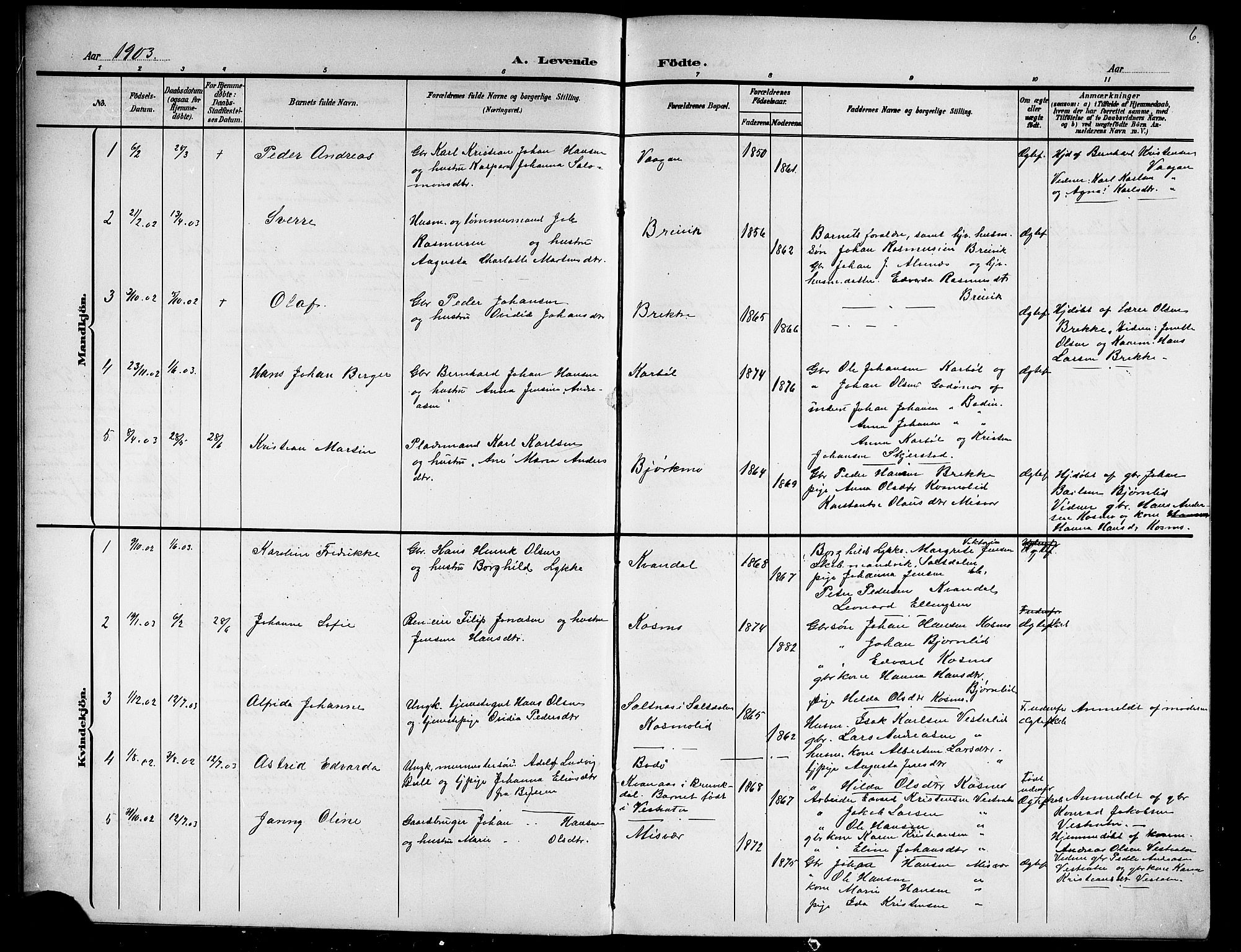 Ministerialprotokoller, klokkerbøker og fødselsregistre - Nordland, AV/SAT-A-1459/852/L0756: Klokkerbok nr. 852C07, 1902-1916, s. 6