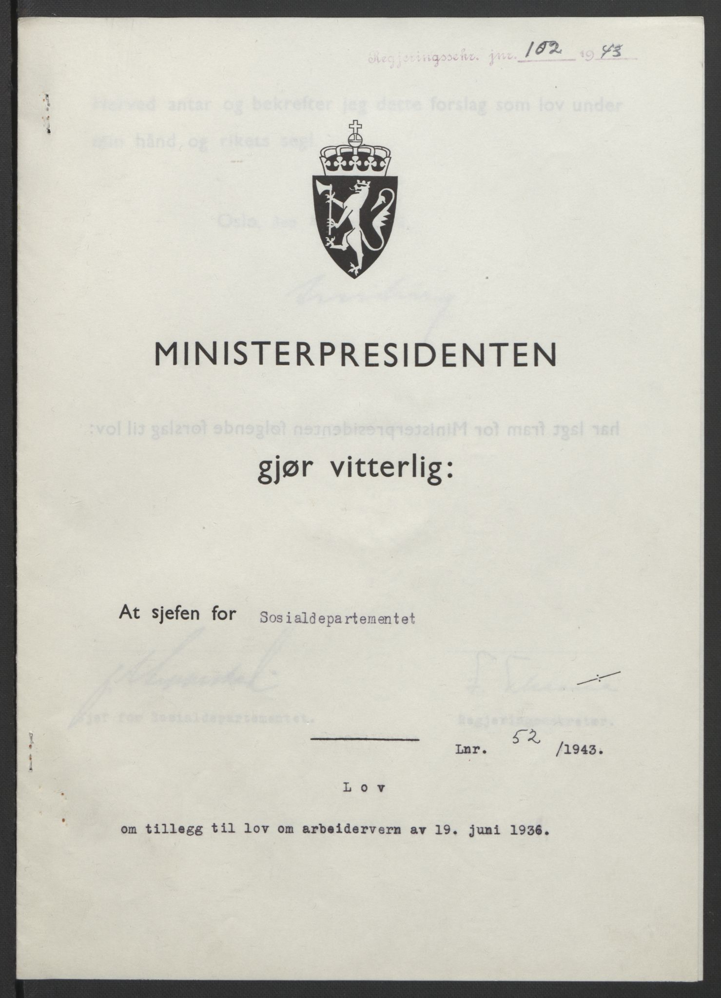 NS-administrasjonen 1940-1945 (Statsrådsekretariatet, de kommisariske statsråder mm), RA/S-4279/D/Db/L0099: Lover, 1943, s. 227