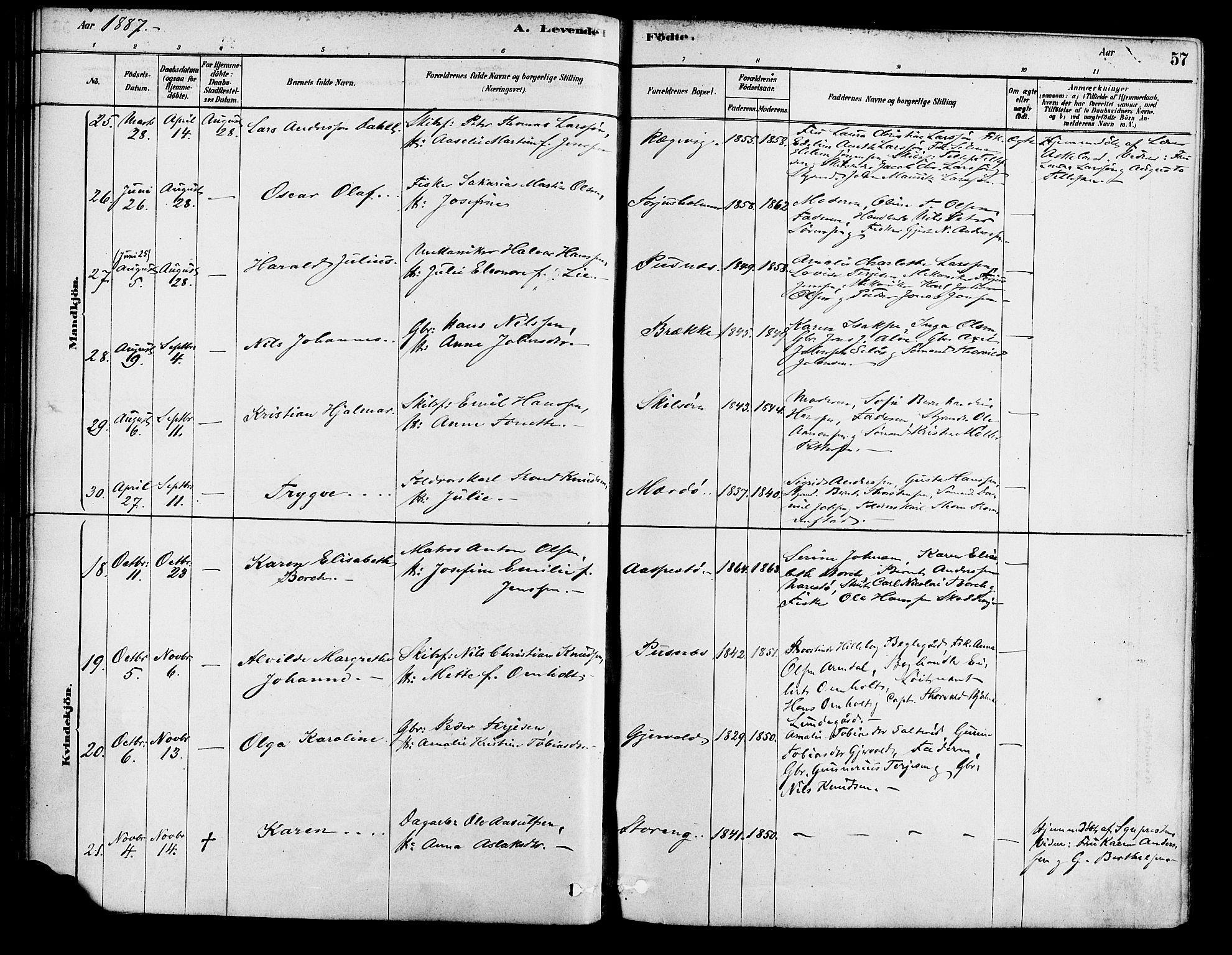 Tromøy sokneprestkontor, AV/SAK-1111-0041/F/Fa/L0009: Ministerialbok nr. A 9, 1878-1896, s. 57