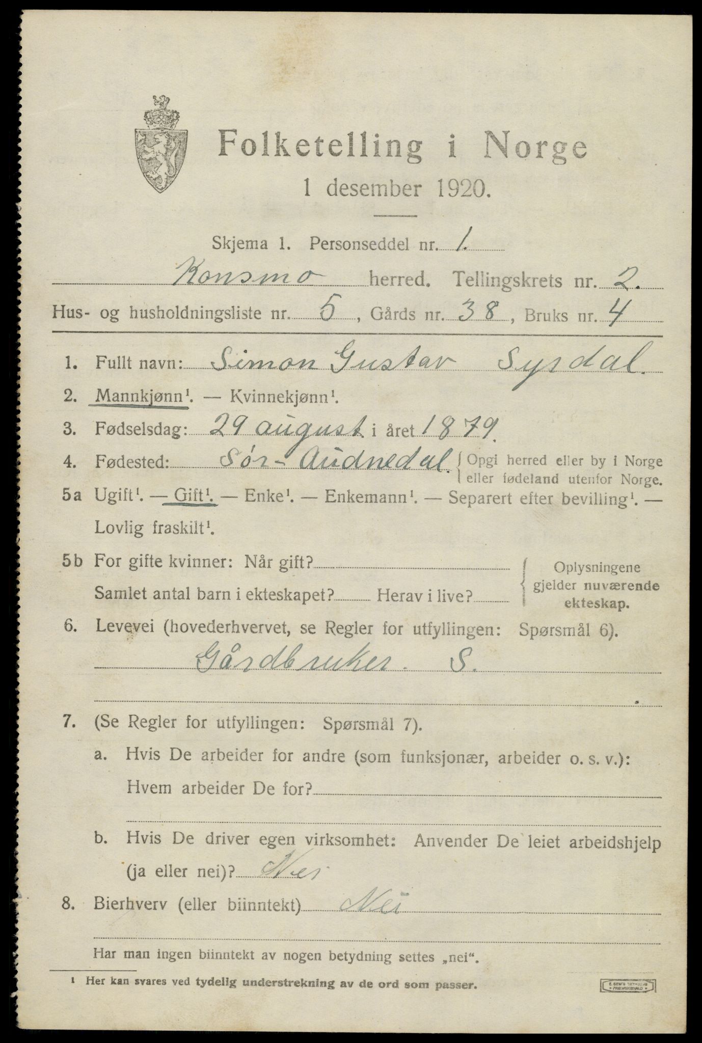 SAK, Folketelling 1920 for 1027 Konsmo herred, 1920, s. 1000