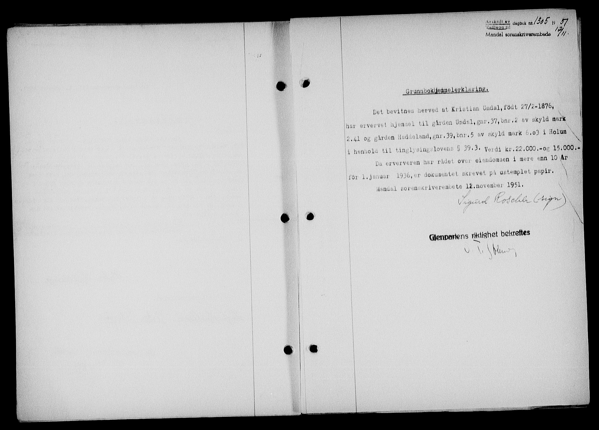 Mandal sorenskriveri, SAK/1221-0005/001/G/Gb/Gba/L0084: Pantebok nr. A-21, 1951-1951, Dagboknr: 1305/1951