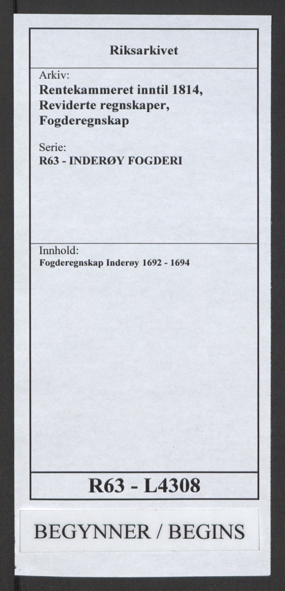 Rentekammeret inntil 1814, Reviderte regnskaper, Fogderegnskap, AV/RA-EA-4092/R63/L4308: Fogderegnskap Inderøy, 1692-1694, s. 1