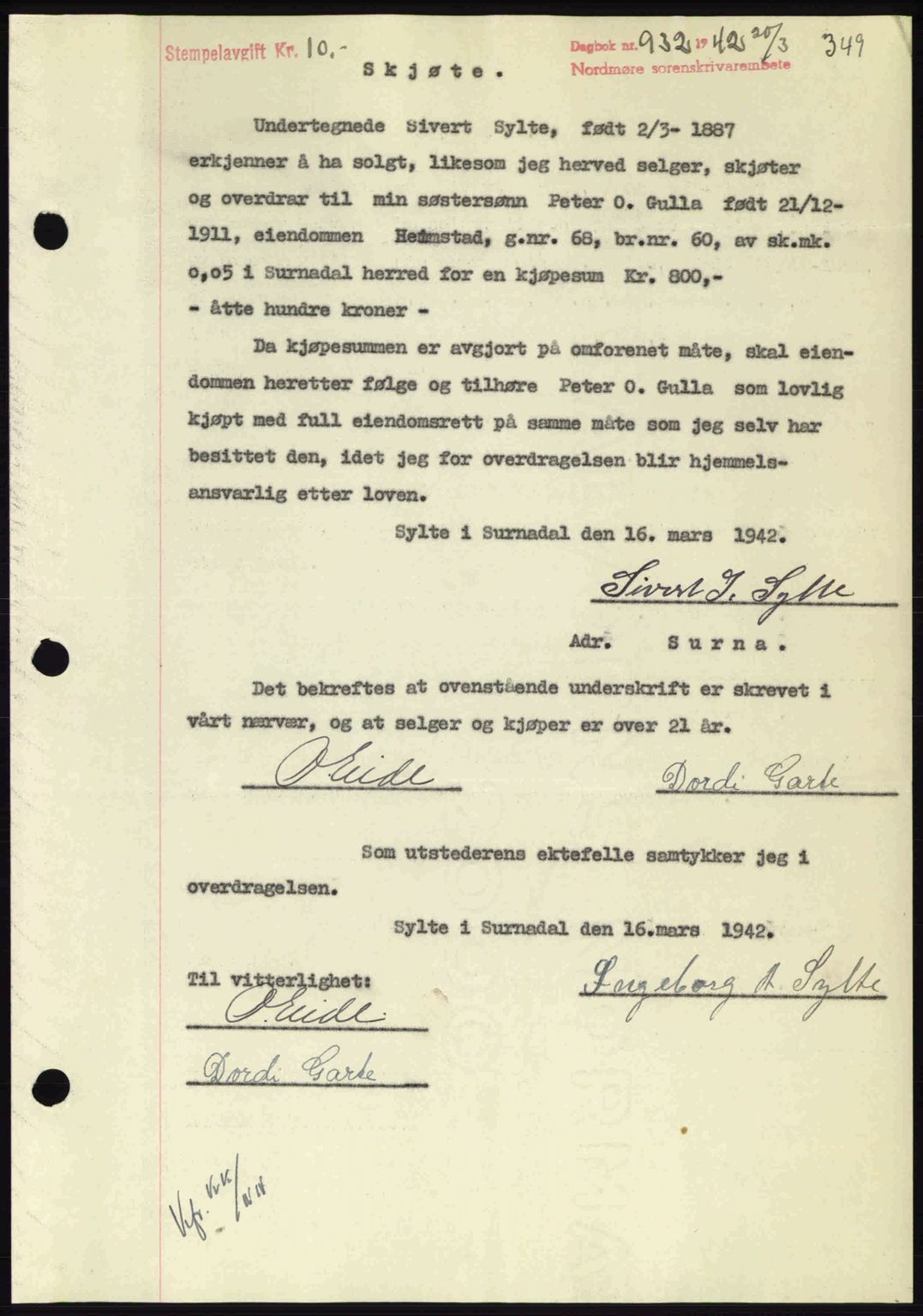 Nordmøre sorenskriveri, AV/SAT-A-4132/1/2/2Ca: Pantebok nr. A92, 1942-1942, Dagboknr: 932/1942