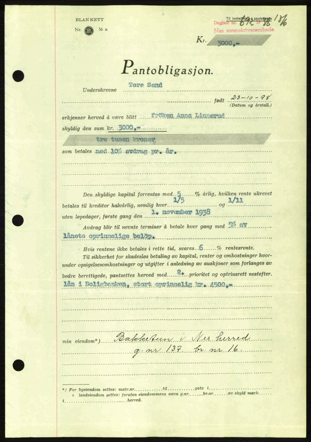 Nes tingrett, SAO/A-10548/G/Gb/Gbb/L0006: Pantebok nr. 50, 1938-1938, Dagboknr: 692/1938