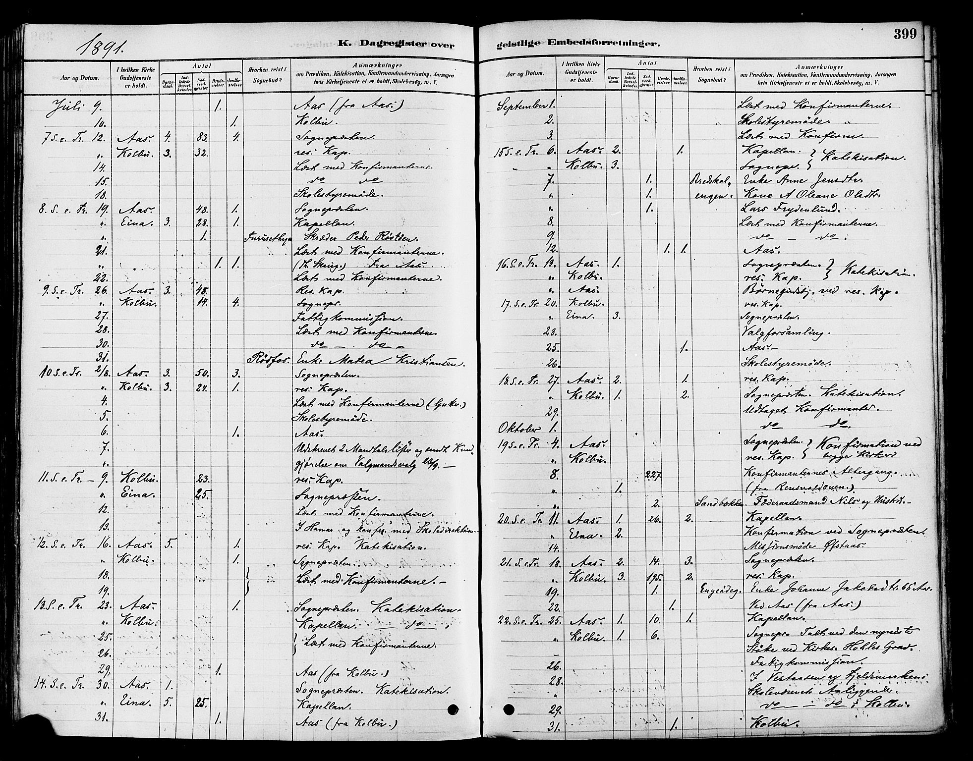 Vestre Toten prestekontor, SAH/PREST-108/H/Ha/Haa/L0009: Ministerialbok nr. 9, 1878-1894, s. 399