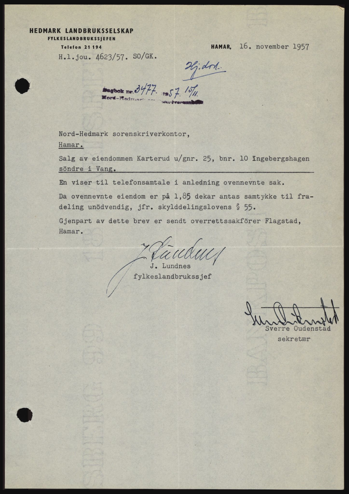 Nord-Hedmark sorenskriveri, SAH/TING-012/H/Hc/L0011: Pantebok nr. 11, 1956-1957, Dagboknr: 3477/1957