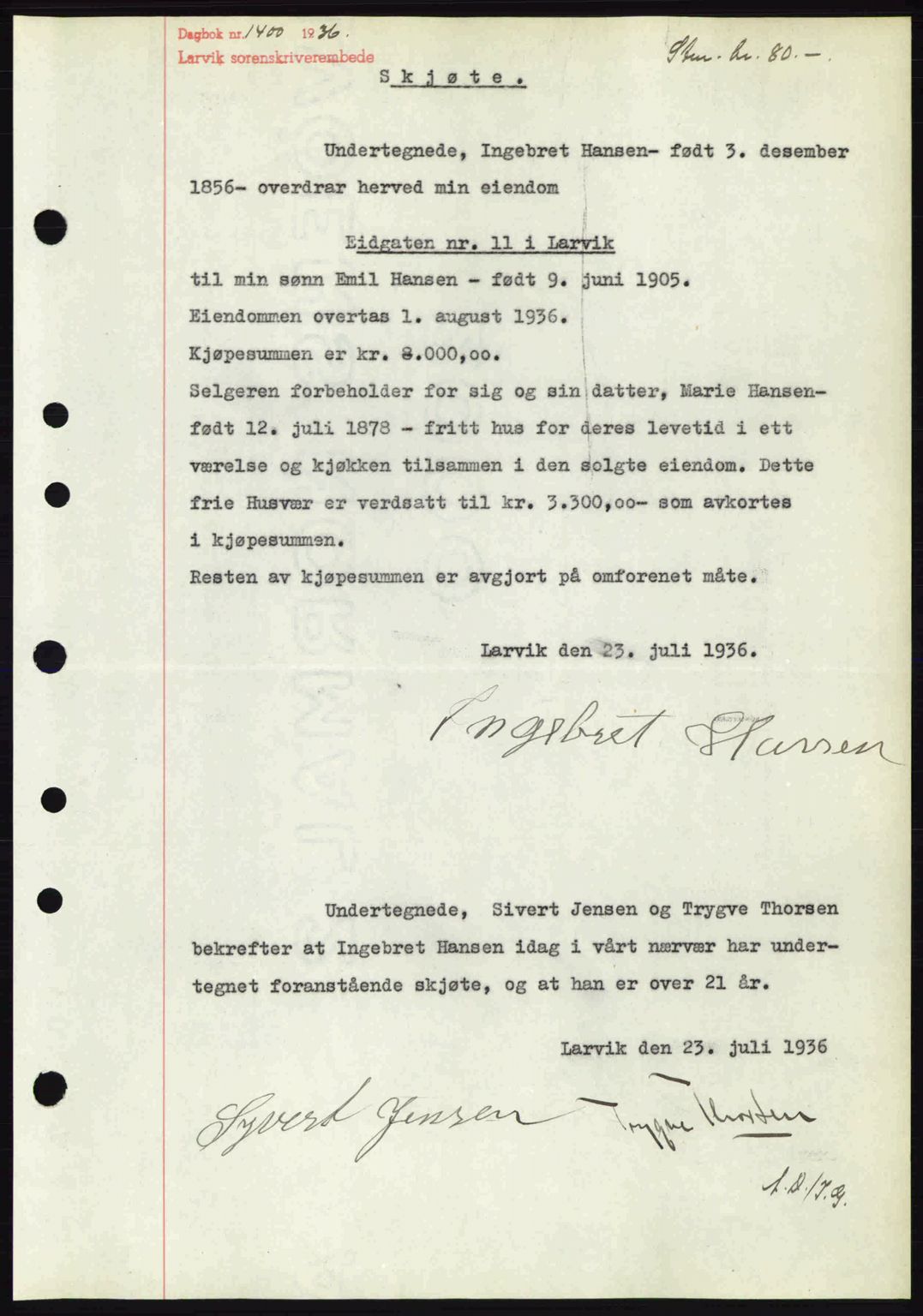 Larvik sorenskriveri, SAKO/A-83/G/Ga/Gab/L0067: Pantebok nr. A-1, 1936-1937, Dagboknr: 1400/1936